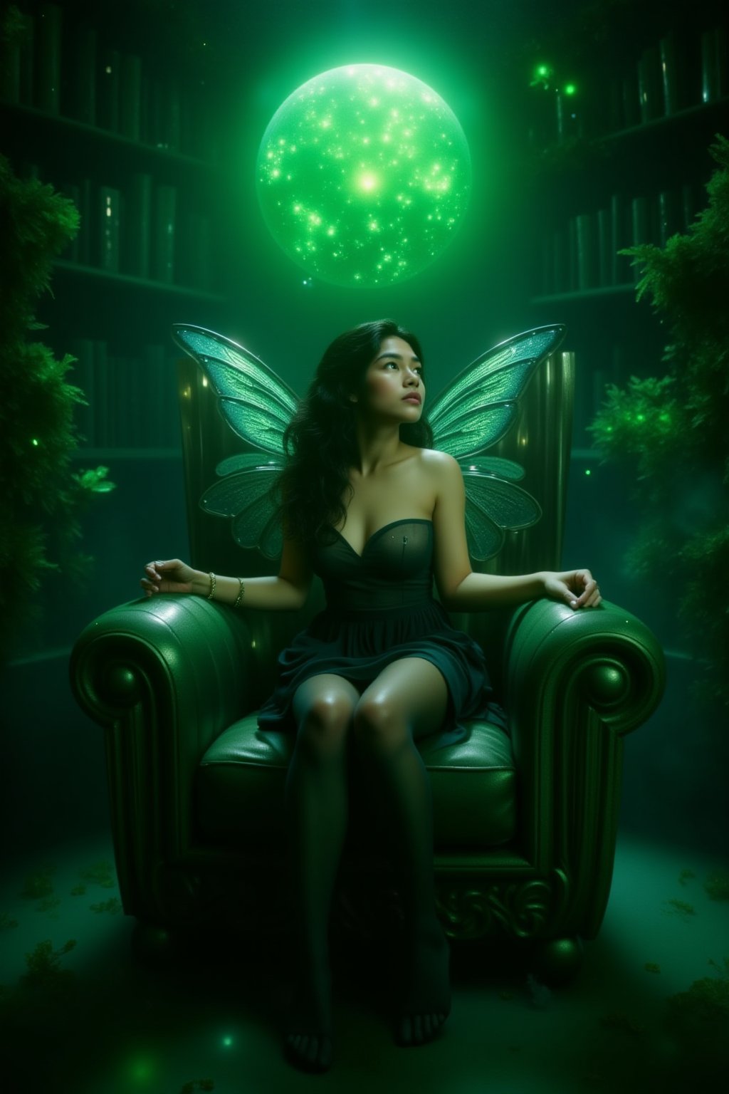 1girl, HKMagic, A beautiful fairy wearing black sheer pantyhose,  with glowing wings is sitting in crystalz throne in magic library as she looks at big green orb of magic and spells. She has detailed facial features and there is a glowing green light in the background with cinematic lighting, fairycore, hkmagic, masterpiece, best quality, highly detailed, sharp focus, dynamic lighting, no shoes, black pantyhose, full body shot