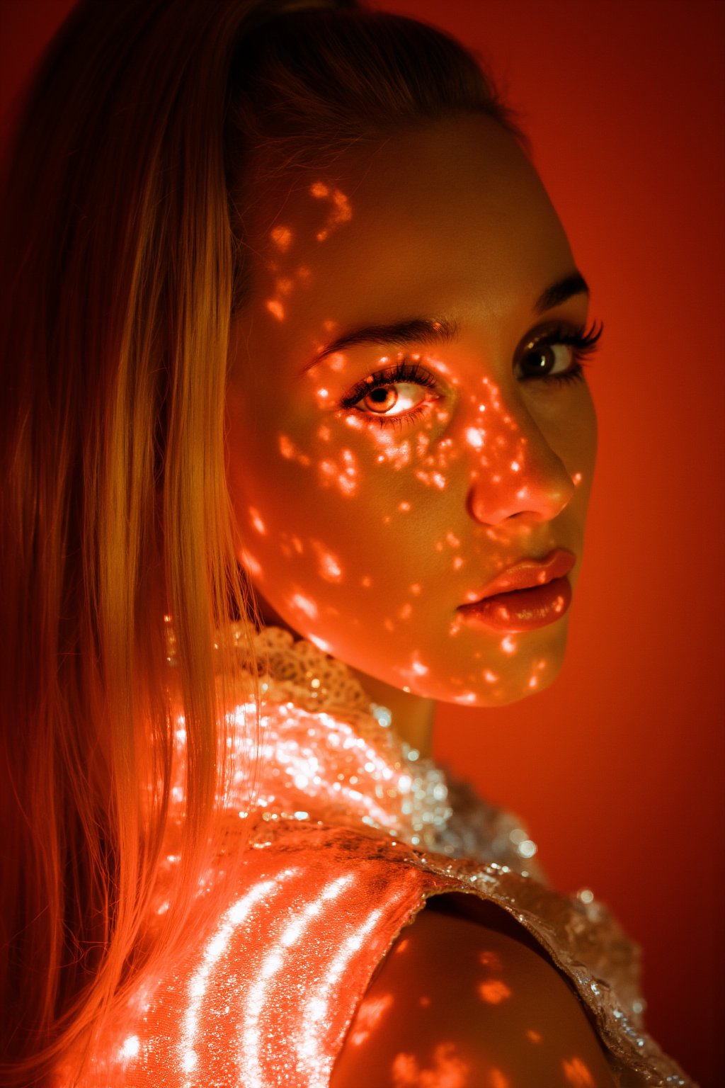 create  a beautiful lady, hayv kahramman style,glowing,bright,luminous skin,glowing brightly,warm light,radiant,soft,glowing skin and vibrant, luminous features,glowing visual effects,glowing particles,neon