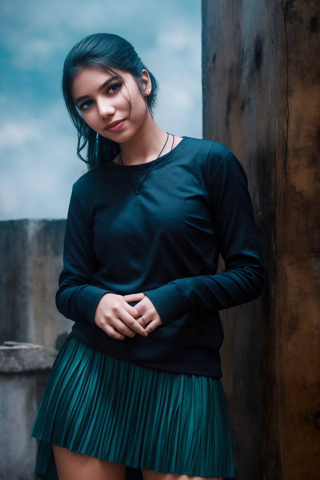 A teenage girl stands still against a rustic wooden wall with a pale blue sky in the background. She is wearing a blue long-sleeved shirt and a red skirt, accessorized with a ring on her finger and earrings in her ears. Her sleek, ponytailed hair is neatly styled, and her neutral expression carries a hint of a subtle smile. The image features cinematic color grading with Matrix movie color tones, enhanced with Tron Legacy movie style. The scene has a neon atmosphere, with a futuristic gadget in view, creating the look of a game character.
