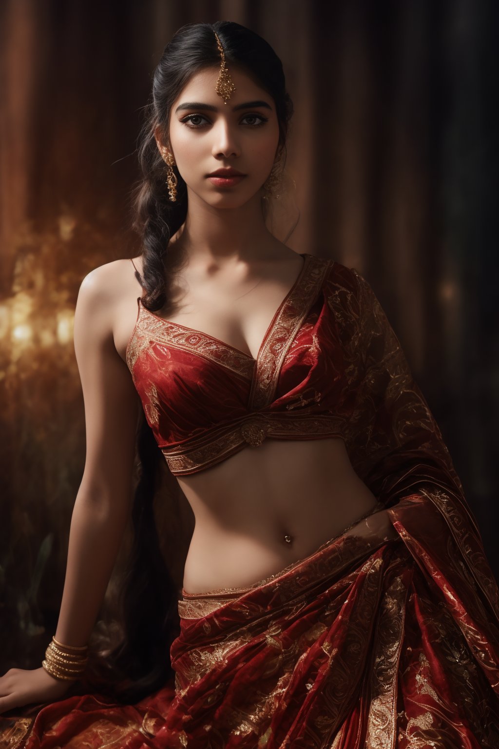 A beautiful Indian woman wearing a traditional saree, draped in a style that reveals her midriff and navel. The saree is richly colored and adorned with intricate patterns and embroidery, with a matching blouse (choli) that has short sleeves and a deep neckline. The pallu of the saree is gracefully draped over her shoulder, falling softly to one side, while her navel is tastefully visible where the saree is wrapped around her waist. She is adorned with traditional jewelry, including a maang tikka, jhumka earrings, a nose ring, bangles, and anklets. Her skin has a warm tone, and her long, dark hair is styled either in a loose braid or cascading waves. The setting is softly lit, focusing on her elegant pose and the cultural richness of her attire, with warm, natural lighting that enhances the details of the fabric and her jewelry.

cinematic angle, (cinematic shadows, bokeh, depth of field:1.3) , (High detail RAW Photo), (extremely detailed skin, photorealistic, heavy shadow, dramatic and cinematic lighting, key light, fill light), sharp focus, cinematic, imperfect skin, fabrics, textures, detailed face, detailed skin, detailed fingers, NaturalHand2-3500, analog film photo Deep photo,depth of field,ferrania p30 film,shadows, perfect face and body, dimly lit, nervous, harsh camera flash, faded film, desaturated, 35mm photo, grainy, Kodachrome, Lomography, stained, highly detailed, found footage,, (black hair,
A flapper girl stands poised in a smokey atmosphere, bathed in ethereal light that accentuates her stunning features. Her fair skin glows under cinematic lighting, as she gazes directly into the camera with perfect eyes and a beautiful nose. Her Drill Spring-inspired hairstyle is perfectly coiffed, framing her face, background intricate details and complex patterns that seem to leap off the screen in hyper-maximalist fashion.  with detailed decoration and lines that exude opulence. In stunning HDR and UHD, this unreal engine creation pops with gorgeous light and shadow., matrix 