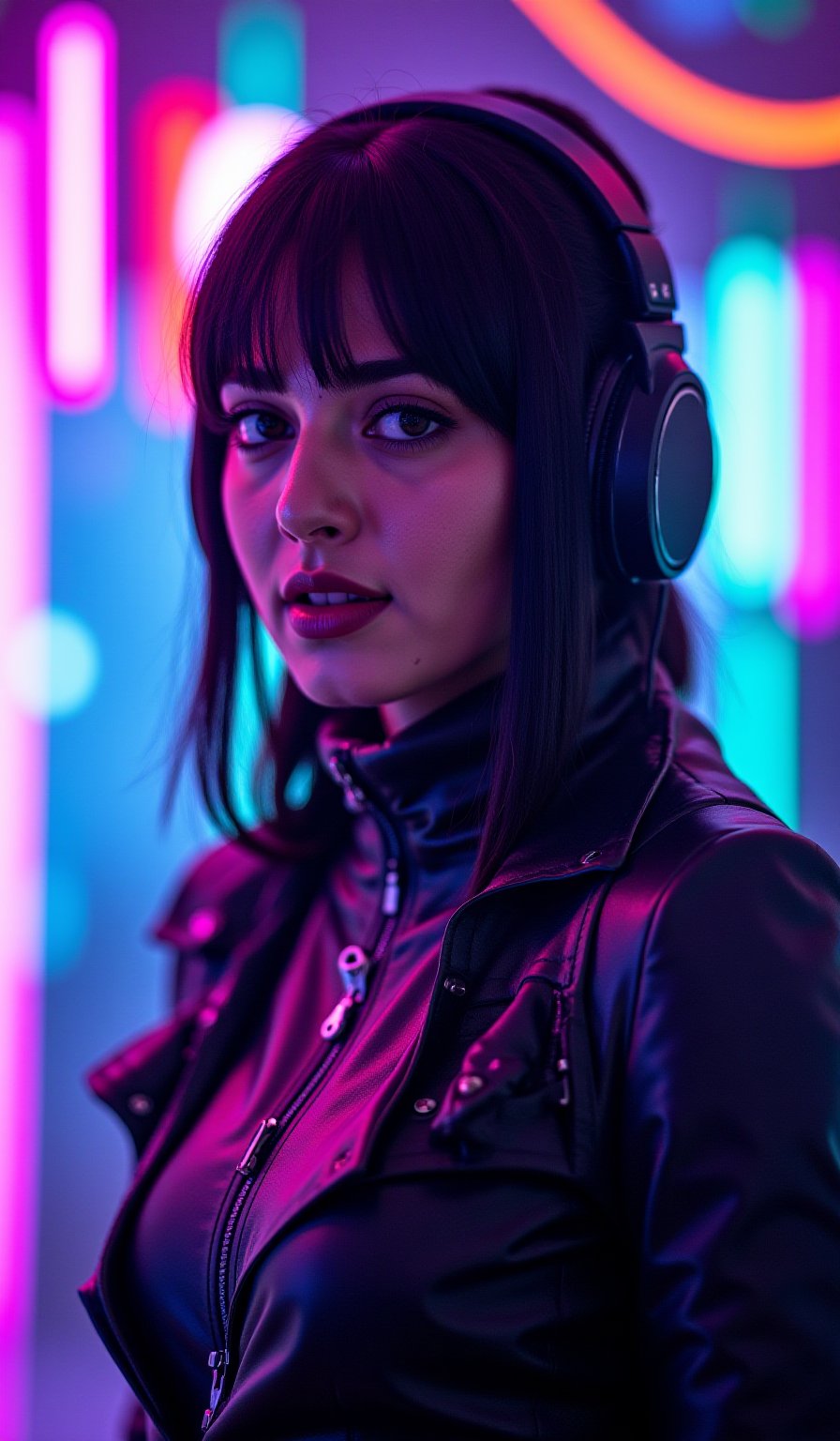 A cyberpunk women, realistic, details and enhanced image, beautiful,The atmosphere is fun and inviting, featuring colors like black, blue, dark blue, dark purple, gray, light green, purple, and orange. Neon lights in pink, blue, and green illuminate the space, creating a bokeh and Depth of Fieldeffect. The focus is on the girl from the torso to the head, captured in a cinematic style with a Sony A7R IV full-frame camera,AnushkaShettyFlux