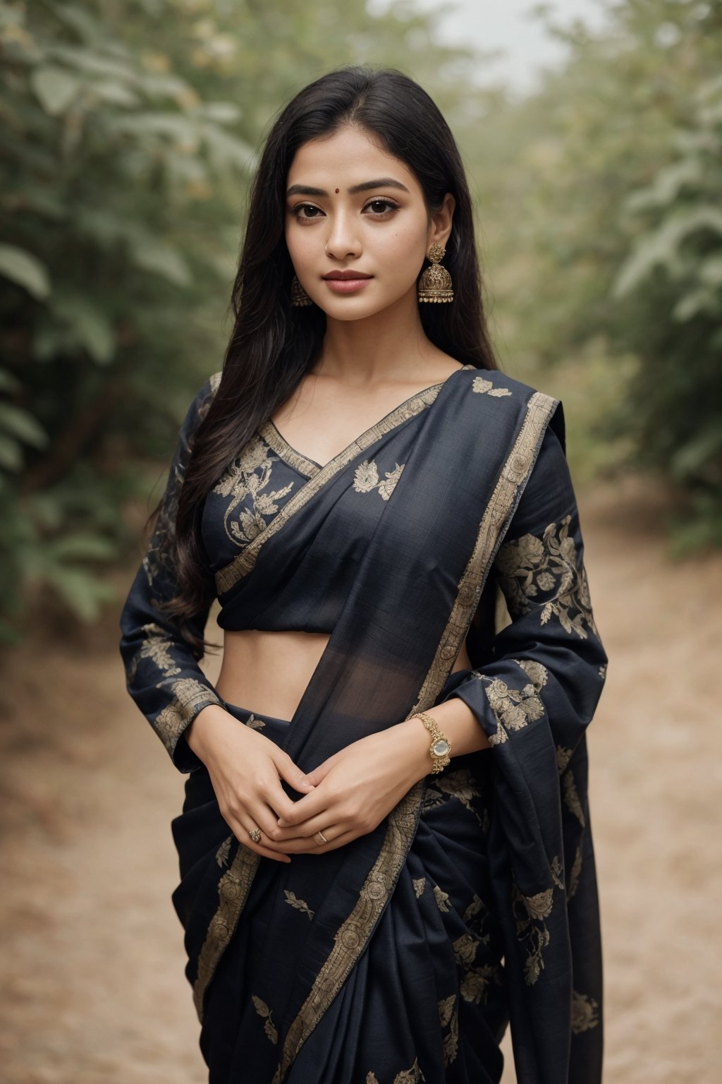 Saree, 1girl, solo, long hair, black hair, long sleeves, traditional , dress, jewelry, earrings, outdoors, blurry, looking to the side, purple dress, realistic,This breathtaking photograph, shot on a Canon 1DX with a 50 mm f/2.8 lens, beautifully showcases the raw and authentic beauty of life. high resolution 8k image quality,Saree