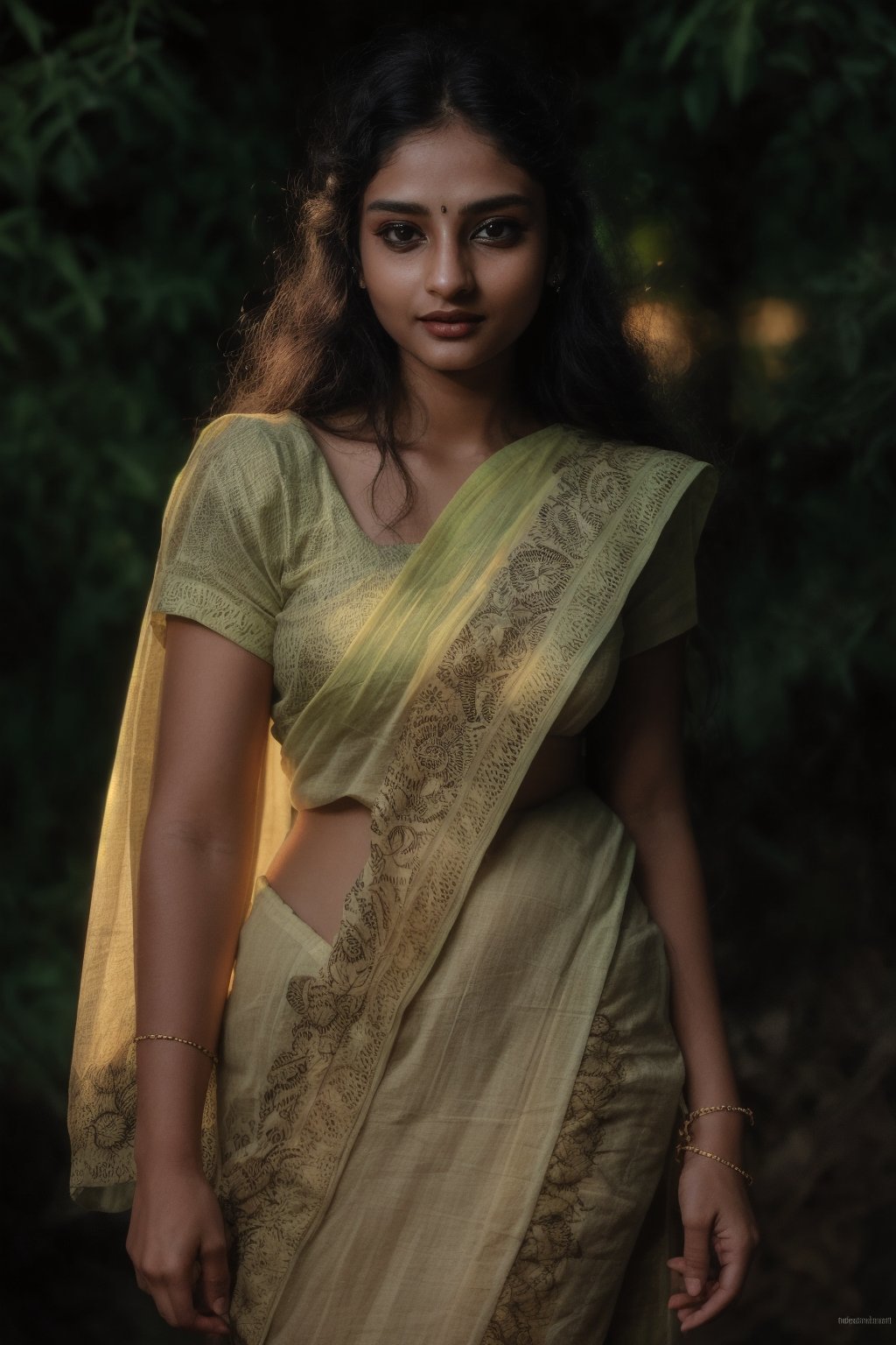 Portrait of a mystical fantasy bioluminescent neon woman. Glamorous fashionable lady in saree. Glowing, Glowing color,Glowing dots and line on body and skin, ,  high resolution 8k image quality,photorealistic,Saree ,NeonST2