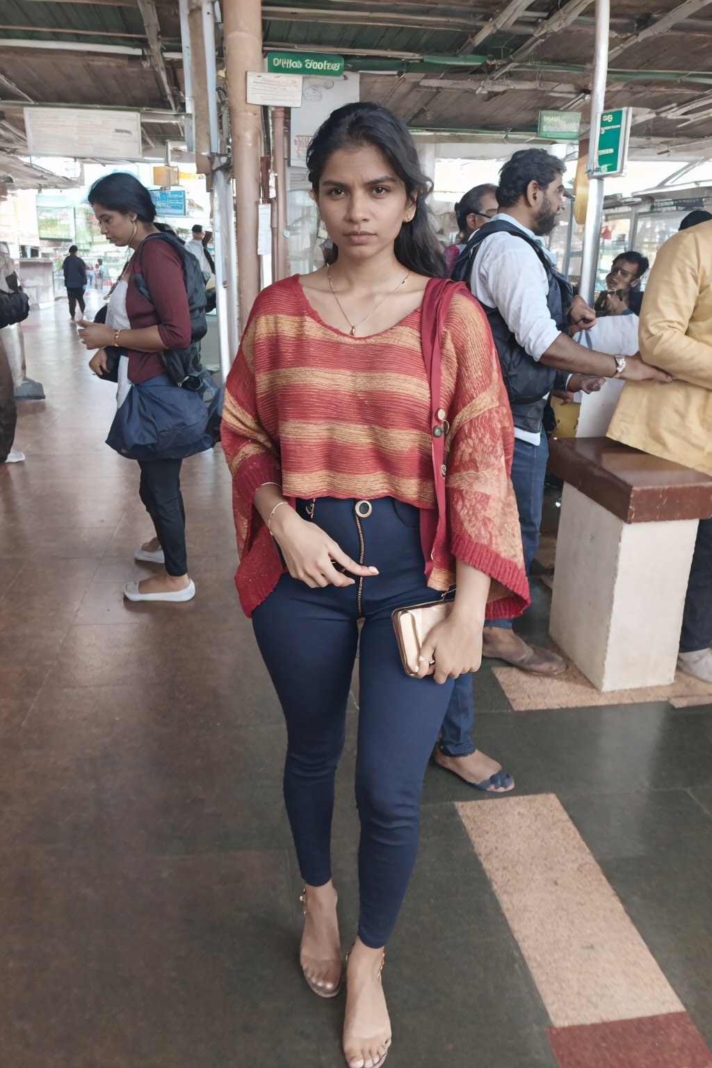 Ultra realistic full body photo of petite  italian female model  modeling upscale dolman sleeve travel inspired grunge knit silk outfit with cool metallic elements zippers buttons clips  in new york,Railway station,Thrissur