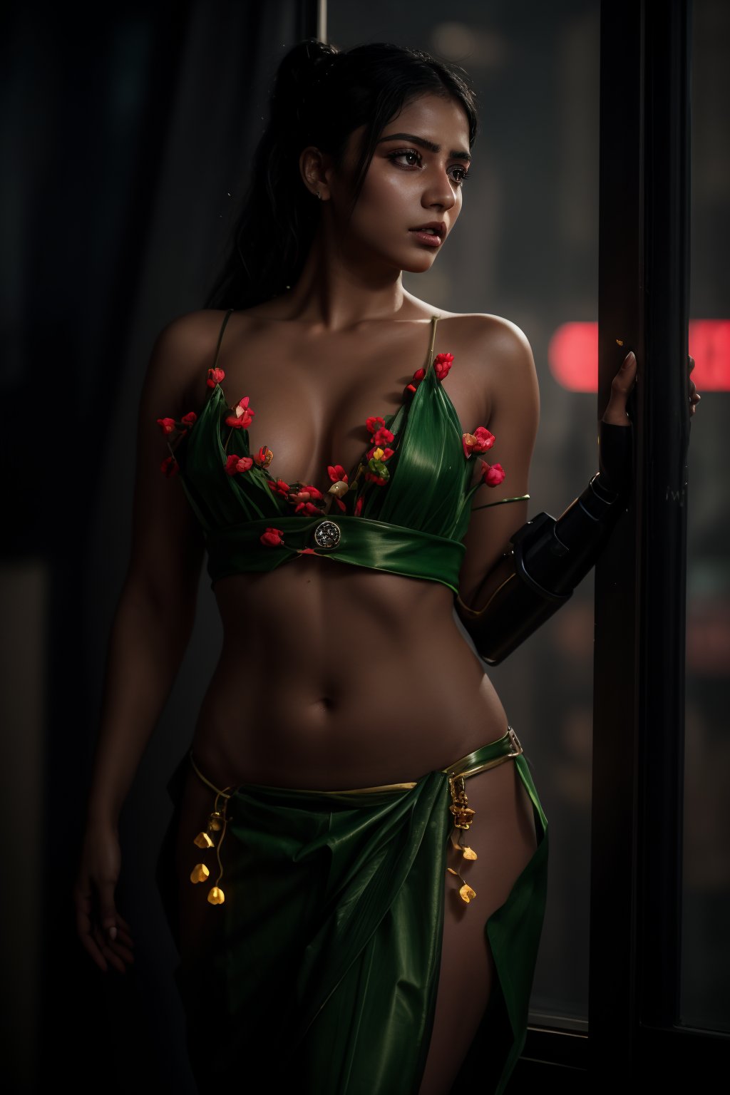 In a cyberpunk world, a stunning 25-year-old woman in a saree stands majestically in a long shot. Neon lights and glowing accents illuminate the dimly lit room, casting an otherworldly glow on her exotic beauty. Navel covered, The camera captures every detail with Fujifilm's raw quality, showcasing vibrant colors and mesmerizing eyes that seem to radiate an inner light. Her pose exudes sensuality as she flaunts robot body parts in the futuristic setting, with a glowing diamond pendant adding an air of sophistication. The photorealistic lighting and composition create an ultra-detailed image that draws the viewer in, as if gazing through a window into this Cyberpunk World.