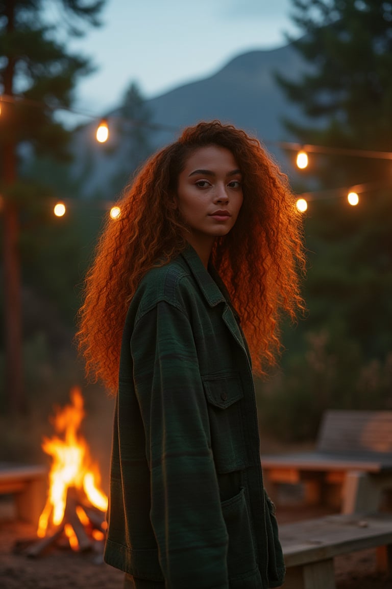 Generate an image of a stunning 18-year-old petite teenager, young, youth, child, kid, blending Black and Spanish heritage. She has fluffy curly golden brown hair, Type 4 hair, lush and vibrant, falling in loose waves down her back.

Setting:
- Outdoor: A serene mountain campsite at dusk, mountain view
- Soft, warm lighting with subtle shadows and twinkling string lights
- Tall trees surrounding a cozy clearing, with a crackling campfire and rustic wooden benches
- Camping gear and equipment subtly integrated into the scene

Physical Description:
- Fair skin with a subtle, sun-kissed glow
- Bright, expressive hazel eyes
- olive, dark Italian skin

Outfit:
- Comfortable, green earth-toned camping shirt (flannel or fleece)
- Practical hiking pants or leggings
- Warm, cozy cardigan 
- Sturdy hiking boots

Style:
-Effortless, coastal chic
- Confident, carefree, innocent pose

Mood:
- Serene, joyful, and radiant
- Capturing the essence of a relaxed summer afternoon
Inspired by singer Tyla's vibrant energy and style, create a breathtaking image that embodies beauty, elegance, and a laid-back coastal vibe.