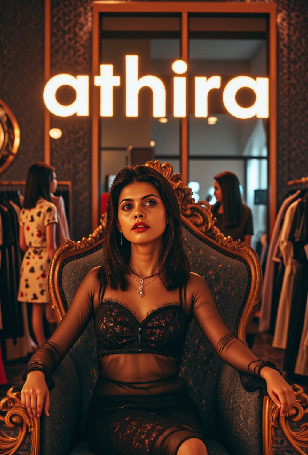 create me something beautiful, sexy, A beautiful woman, dressed in high fashion, sits on a throne in a luxurious boutique shop, surrounded by perfect cinematic lighting. Behind her, the shop's name "athira" is displayed in oversized glowing letters, commanding attention. Girls in the background casually explore the dresses on display. The scene highlights both the elegance of the boutique and the glowing, bold shop name.,Enhanced all,madona Sebastian 