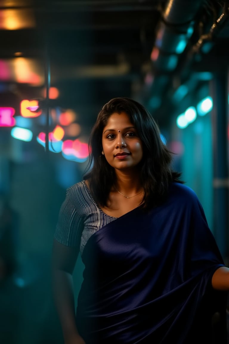 A beautiful mallu women, teal and orange colour lighting in background, futuristic subway, pipeline , wires, light indicators, intricate background, realism,realistic,raw,analog,portrait,photorealistic, taken by Canon EOS,SIGMA Art Lens 35mm F1.4,ISO 200 Shutter Speed 2000,Vivid picture,Mallu beauty, The atmosphere is fun and inviting, featuring colors like black, blue, dark blue, dark purple, gray, light green, purple, and orange. Neon lights in pink, blue, and green illuminate the space, creating a bokeh and Depth of Fieldeffect. The focus is on the girl from the torso to the head, captured in a cinematic style with a Sony A7R IV full-frame camera,Mallu beauty,futuristicportrait,Mallu beauty 