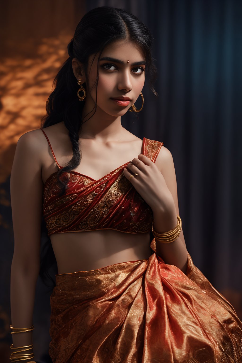 A beautiful Indian woman wearing a traditional saree, draped in a style that reveals her midriff and navel. The saree is richly colored and adorned with intricate patterns and embroidery, with a matching blouse (choli) that has short sleeves and a deep neckline. The pallu of the saree is gracefully draped over her shoulder, falling softly to one side, while her navel is tastefully visible where the saree is wrapped around her waist. She is adorned with traditional jewelry, including a maang tikka, jhumka earrings, a nose ring, bangles, and anklets. Her skin has a warm tone, and her long, dark hair is styled either in a loose braid or cascading waves. The setting is softly lit, focusing on her elegant pose and the cultural richness of her attire, with warm, natural lighting that enhances the details of the fabric and her jewelry.

cinematic angle, (cinematic shadows, bokeh, depth of field:1.3) , (High detail RAW Photo), (extremely detailed skin, photorealistic, heavy shadow, dramatic and cinematic lighting, key light, fill light), sharp focus, cinematic, imperfect skin, fabrics, textures, detailed face, detailed skin, detailed fingers, NaturalHand2-3500, analog film photo Deep photo,depth of field,ferrania p30 film,shadows, perfect face and body, dimly lit, nervous, harsh camera flash, faded film, desaturated, 35mm photo, grainy, Kodachrome, Lomography, stained, highly detailed, found footage,, (black hair,
A flapper girl stands poised in a smokey atmosphere, bathed in ethereal light that accentuates her stunning features. Her fair skin glows under cinematic lighting, as she gazes directly into the camera with perfect eyes and a beautiful nose. Her Drill Spring-inspired hairstyle is perfectly coiffed, framing her face, background intricate details and complex patterns that seem to leap off the screen in hyper-maximalist fashion.  with detailed decoration and lines that exude opulence. In stunning HDR and UHD, this unreal engine creation pops with gorgeous light and shadow., matrix 