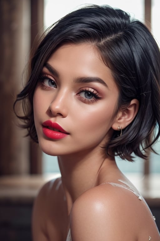 a beautiful female model, a beautiful young woman, looking at viewer, short hair, blue eyes, black hair, water, head tilt, makeup, lipstick, realistic, red lips