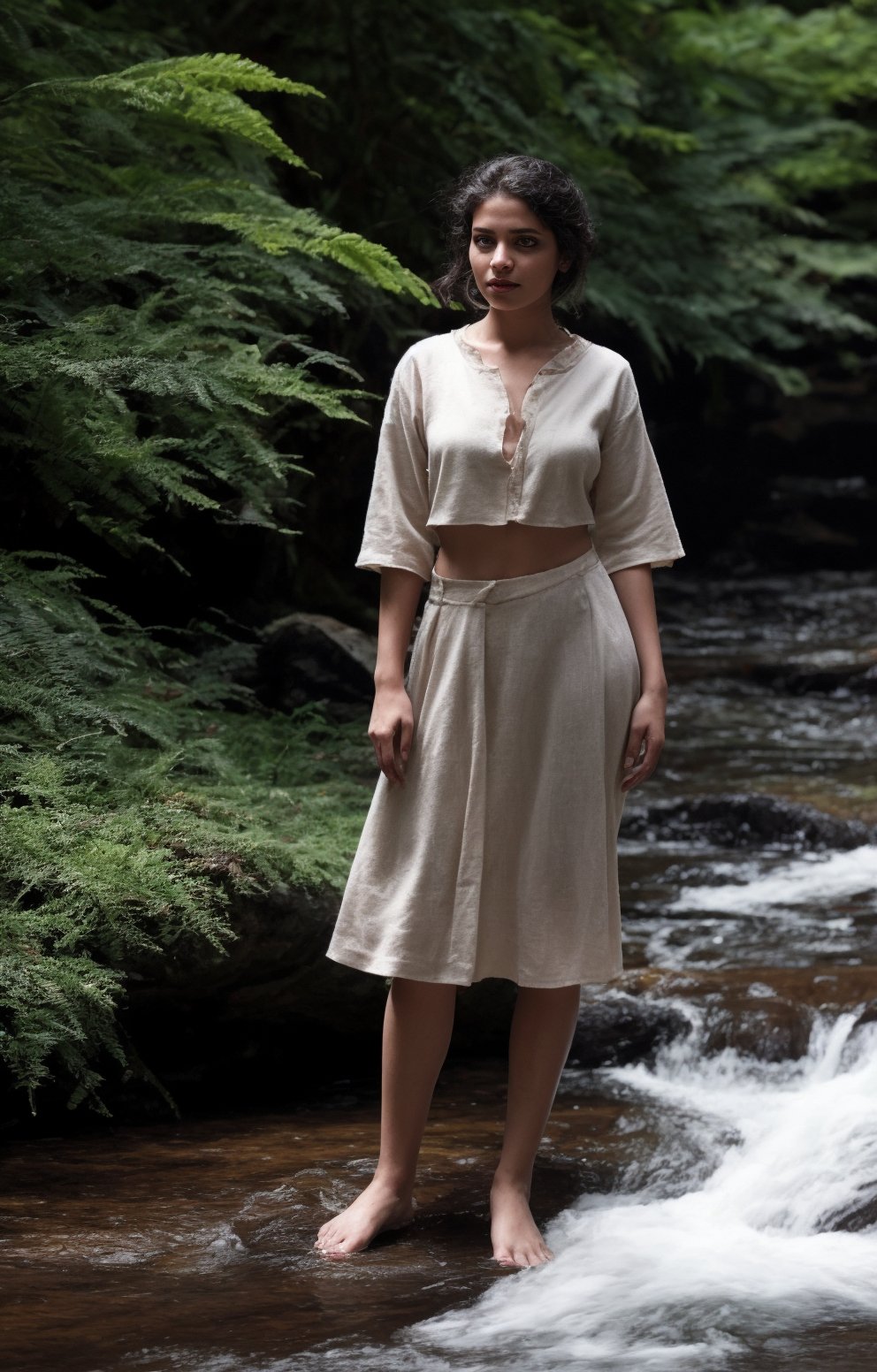 The task is to annotate the image by identifying and describing its content using natural language. The image contains a woman standing in a natural setting, which includes a stream and rocks. She is dressed in traditional attire with a red blouse and a white skirt, adorned with gold detailing. Her pose and the serene environment suggest a connection with nature and possibly a cultural or personal significance to the attire and setting. 