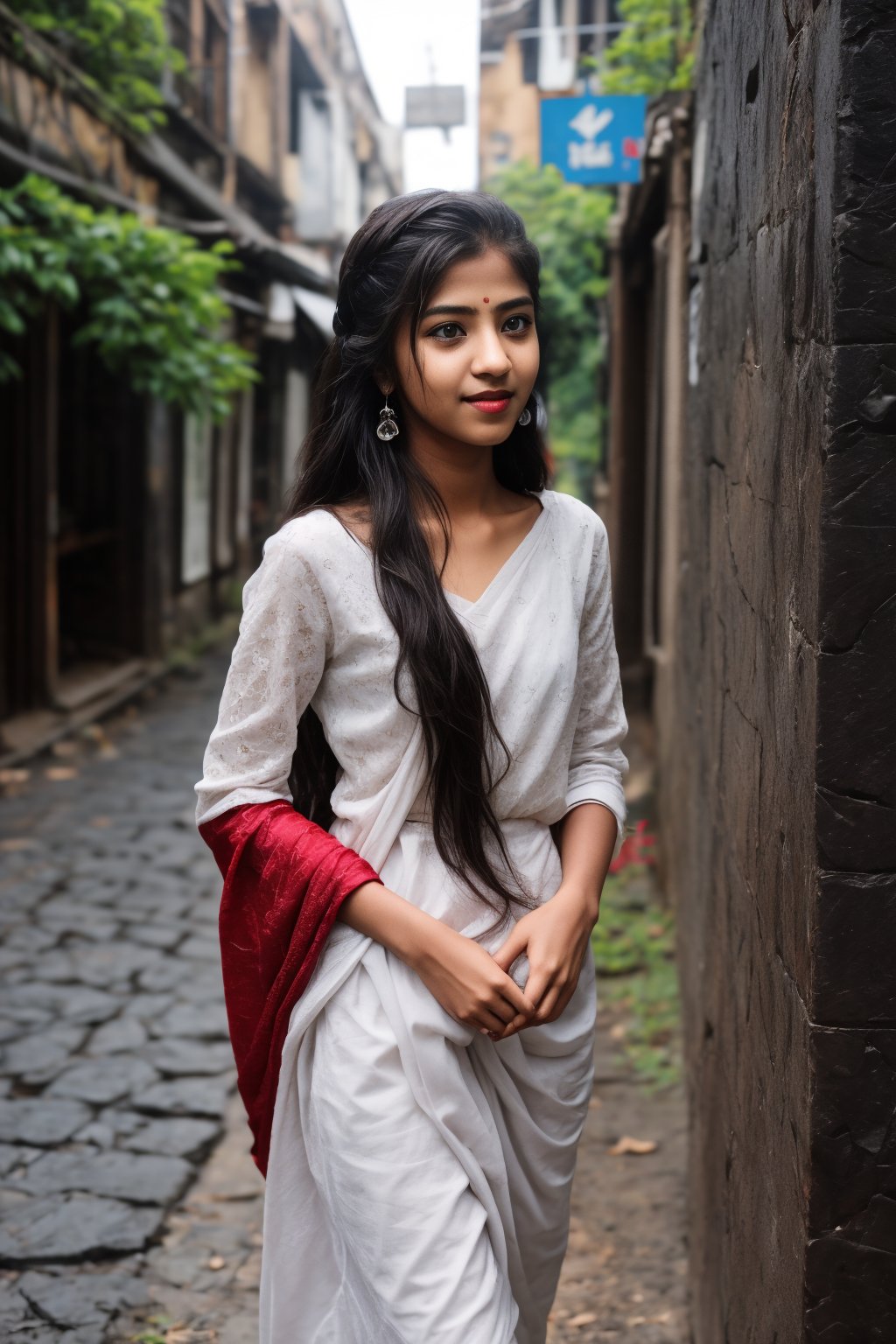 1girl, solo, long hair, black hair, twintails, jewelry, earrings, lips, realistic, beautiful mallu girl, 18 years old girl, outside, beautiful girl walking on the street 