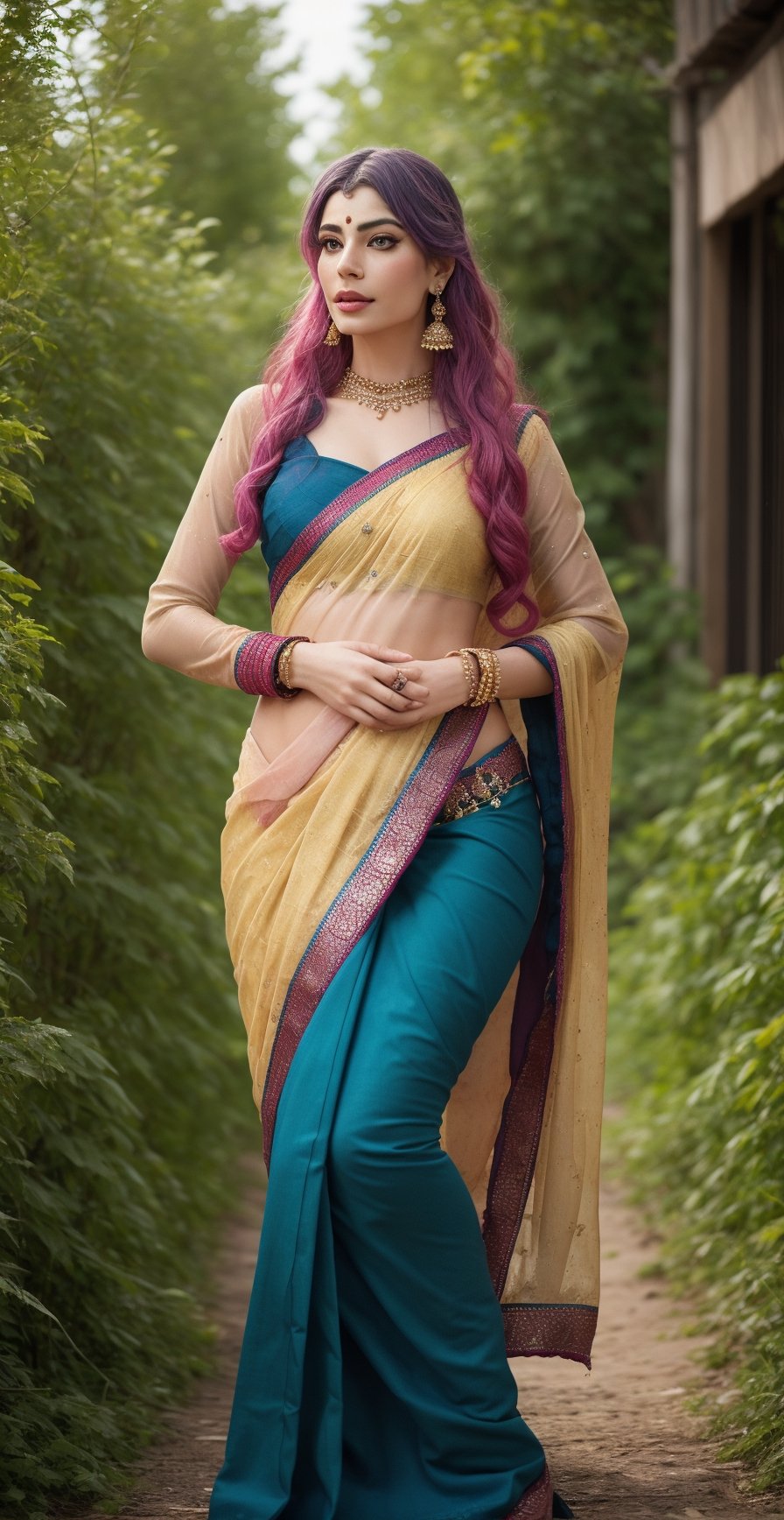 Saree, 1girl, solo, yellow saree, long hair:2, pink hair, multiple colours hair, blue hair, Red hair, long sleeves, dress, jewelry, earrings, garden, flower, outdoor, 👠 , shoes:2, realistic, This breathtaking photograph, shot on a Canon 1DX with a 50 mm f/2.8 lens, beautifully showcases the raw and authentic beauty of life. high resolution 8k image quality, saree ,sari,CyberpunkWorld,Indian