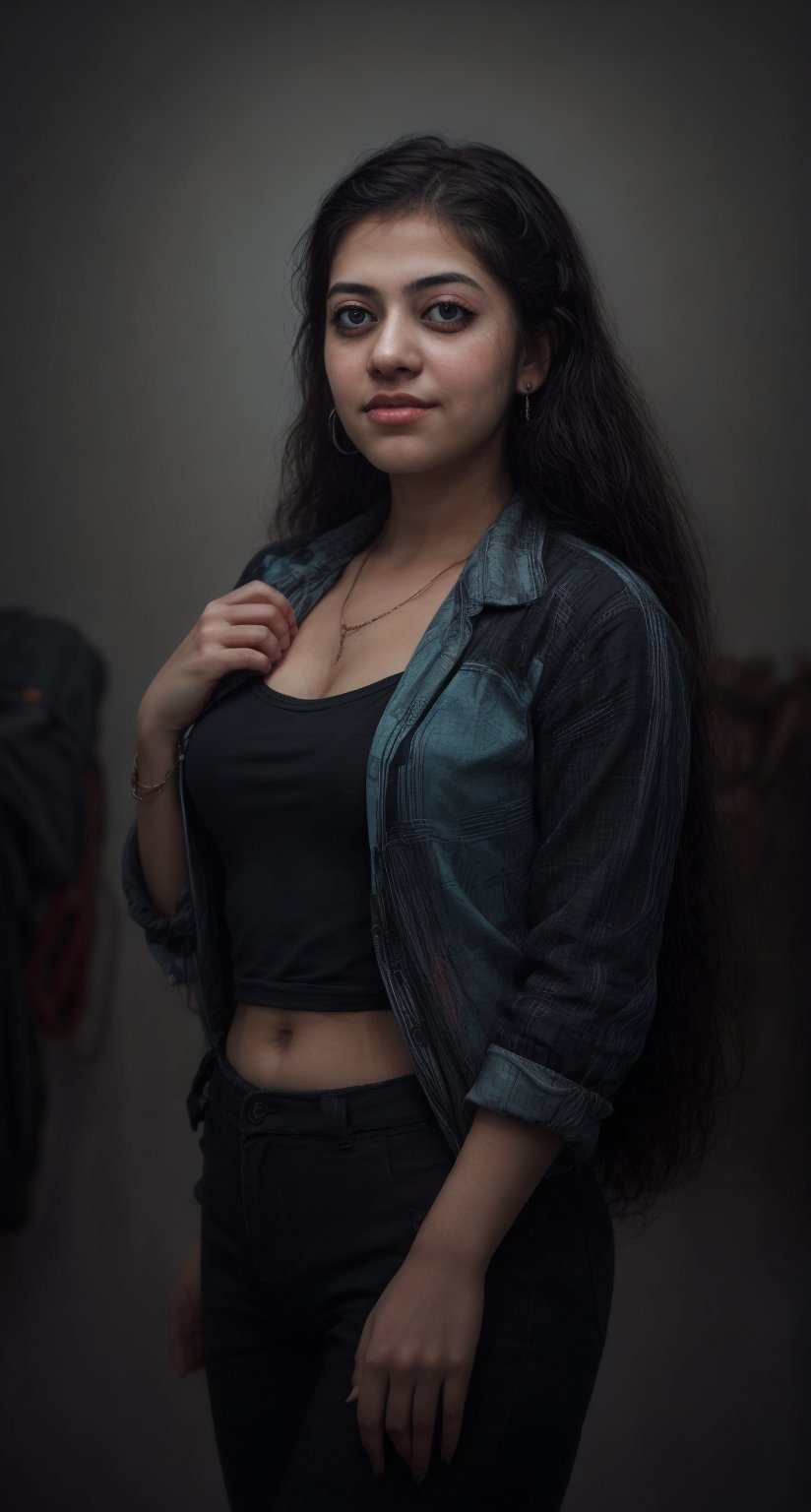 Cyberpunk, Neon glow, masterpiece, high resolution, best quality, 4k, 1girl, solo, beauty photo, amateur photo, 1girl, eye level, oversized button-up shirt, and hoop earrings, Teal-colored Flat ironed straight, stand pose in locker room,lighting,photorealistic,Curly girl ,redneonstyle,Rebecca ,Mallu girl 