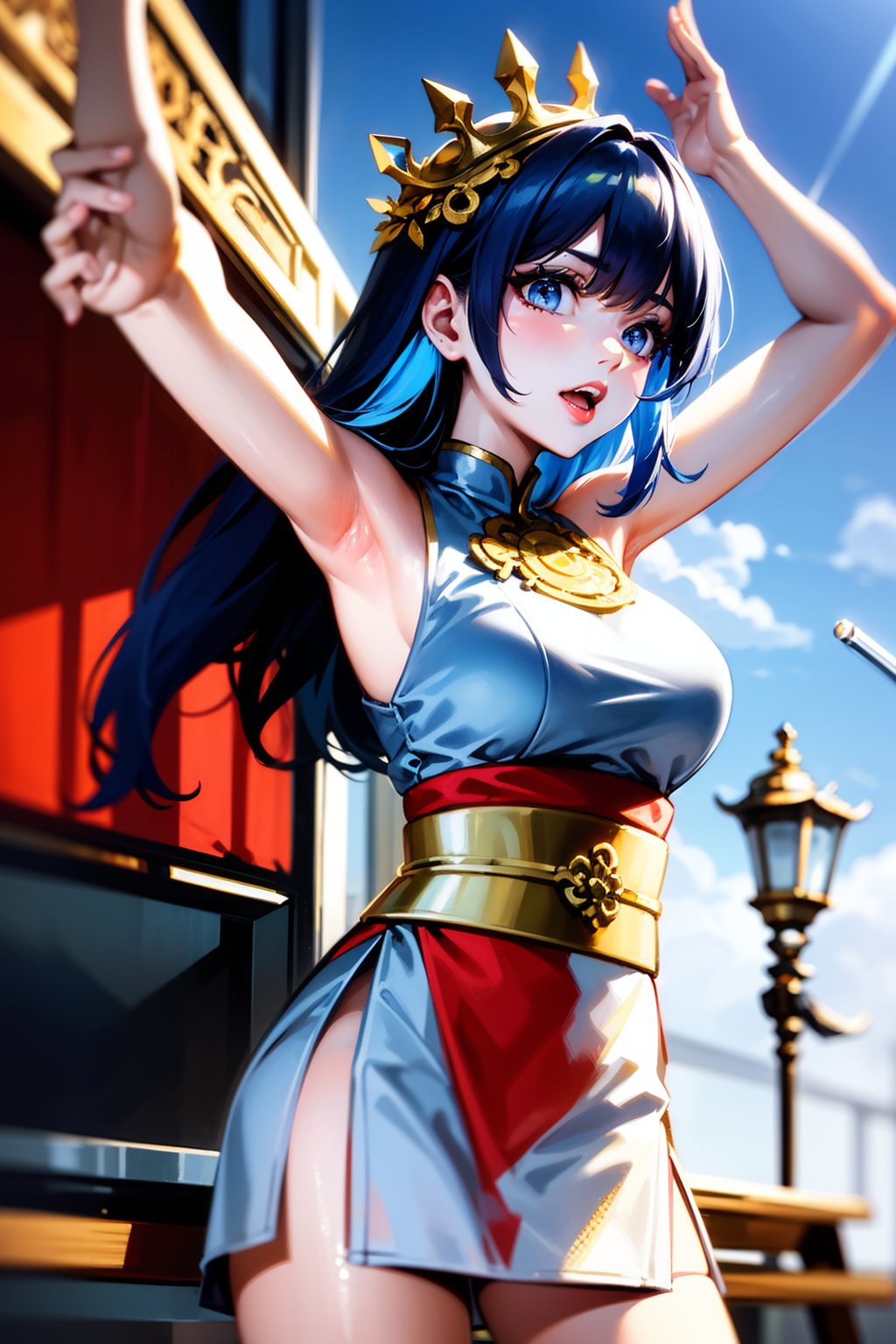 Captured from a low-angle perspective, a vibrant blue-haired woman, dressed in a traditional Asian costume, is adorned with a white and blue skirt, adorned with gold accents. She stands on a tiled floor, her arms stretched out to her sides, revealing a sword in her right hand. Her hair is adorned in a crown, adding a pop of color to her outfit. The sword is held in her left hand, while her right arm is stretched out in front of her. Her left hand is positioned in the air, adding balance to the scene. The scene is set against a backdrop of red pillars, a white building, and a red bench. The sky is a bright, sunny day.