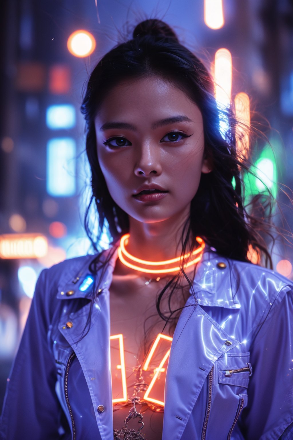 A young and fashionable Taiwanese woman is standing in a square in a metropolis. Behind the woman, a bolt of lightning struck straight towards the ground,close_up,cowboy_shot,Neon,Face,Glow,lightning,(lightning),(lightning background),thunder,lightning bolt