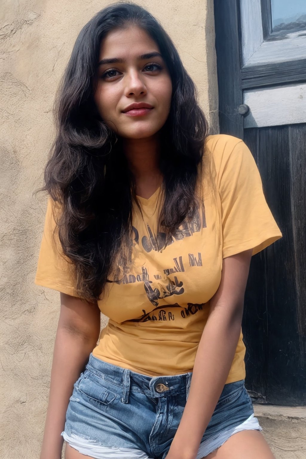 beautiful cute young attractive girl indian, teenage girl, village girl,18 year old,cute, instagram model,long black hair .color hair, brown skin:1, wear seethrough black tshirt and jean shorts, hot look,indian hot ,hot look , smooth face, big_tits, nippels,Brown skin 