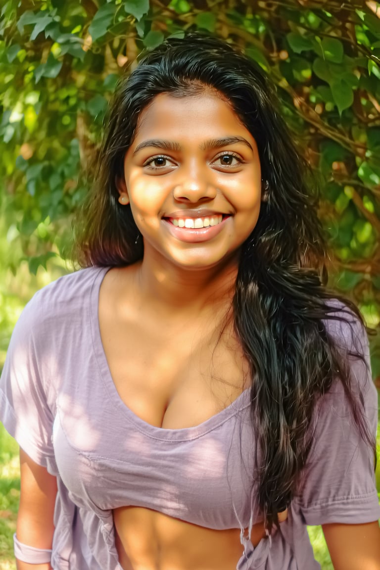 A stunning young woman with long, dark hair framing her heartwarming smile. Navel show, Her piercing black eyes sparkle as she gazes directly at the viewer, exuding a sense of confidence and joy. A small mole beneath her lips adds to her endearing features. She wears a casual shirt, relaxed in an outdoor setting where greenery surrounds her. The warm sunlight casts a gentle glow on her features, accentuating her radiant grin.