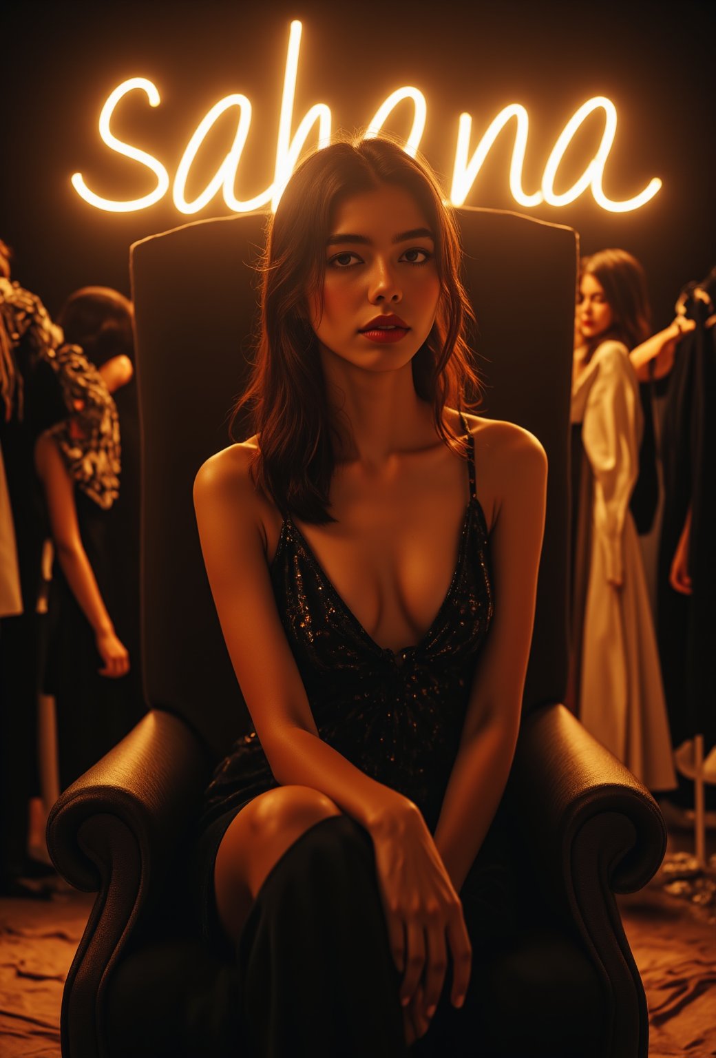 create me something beautiful, sexy, A beautiful woman, dressed in high fashion, sits on a throne in a luxurious boutique shop, surrounded by perfect cinematic lighting. Behind her, the shop's name "sahana" is displayed in oversized glowing letters, commanding attention. Girls in the background casually explore the dresses on display. The scene highlights both the elegance of the boutique and the glowing, bold shop name.,Enhanced all