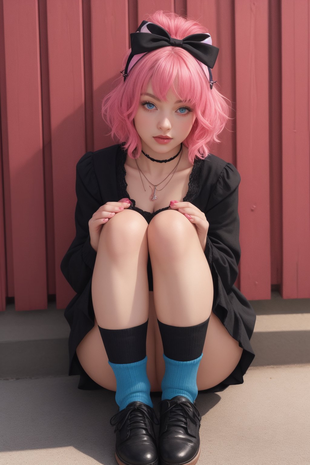 Captured from a low-angle perspective, a girl stands in front of a red fence. The girl is dressed in a black and pink outfit, adorned with a pink bow on her head. Her hair is a vibrant shade of pink, adding a pop of color to the scene. Her eyes are a piercing blue, and her lips are a darker shade of blue. Her hands are clasped in her hands. She is wearing a black necklace with a white pendant. Her socks are adorned with black laces that are tied in a bow at the bottom. The background is blurred, creating a vibrant contrast to the girl 