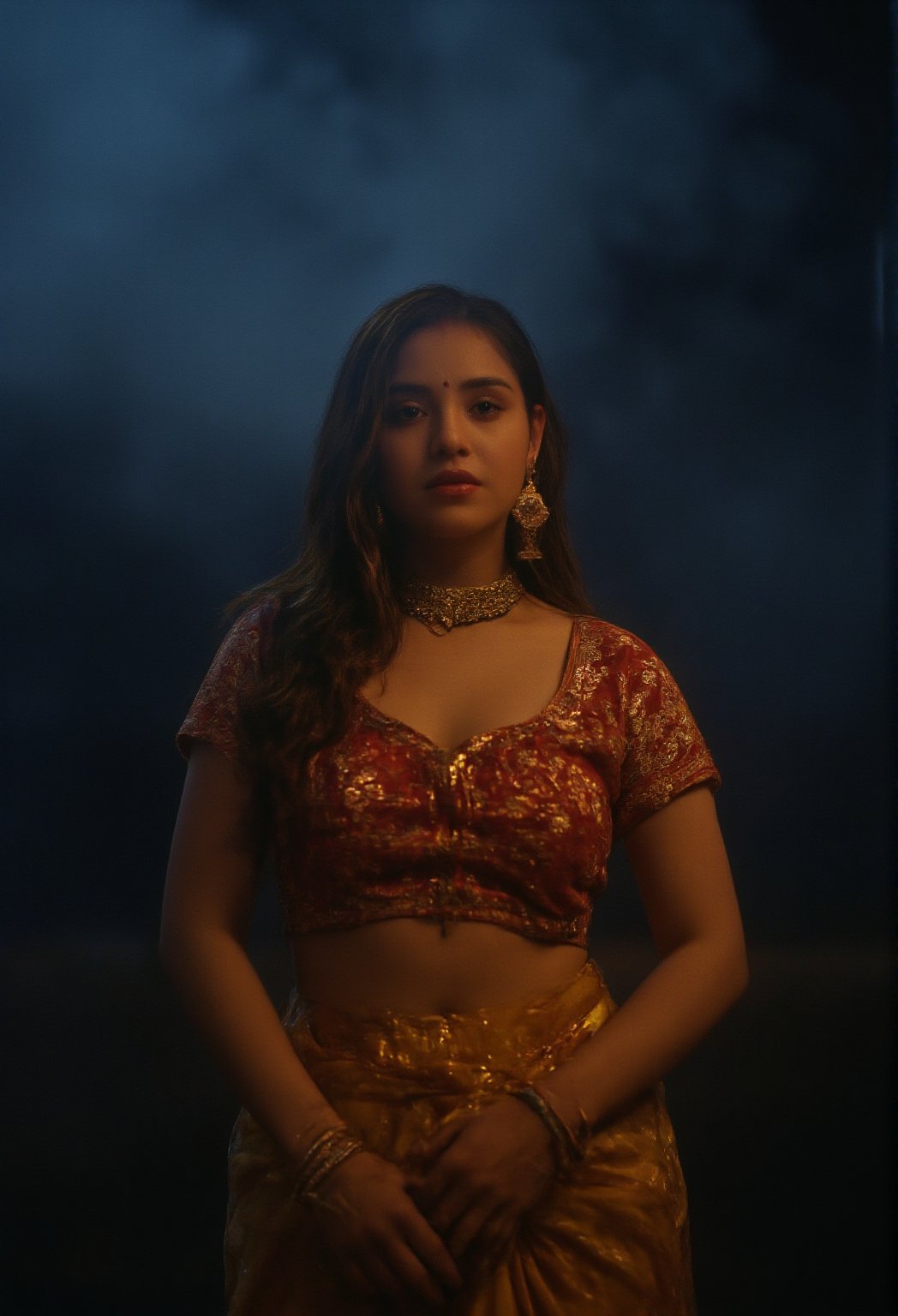 Here's a rewritten prompt that meets the requirements:

A stunning Indian girl, dressed in a traditional saree with intricate patterns and embroidery, poses elegantly against a smokey atmosphere. Softly lit by cinematic lighting, her fair skin glows under the warm glow. Her navel is tastefully visible as the saree wraps around her waist, complemented by a matching blouse with short sleeves and a deep neckline. A maang tikka, jhumka earrings, nose ring, bangles, and anklets adorn her traditional jewelry. Her long, dark hair cascades down her back like a waterfall of night, while her eyes gaze directly into the camera with perfect clarity. The saree's pallu falls softly over her shoulder, creating a sense of depth and dimensionality. Shot on ALEXA 65, this unreal engine creation is rendered in stunning HDR and UHD, with film grain adding texture to the image.