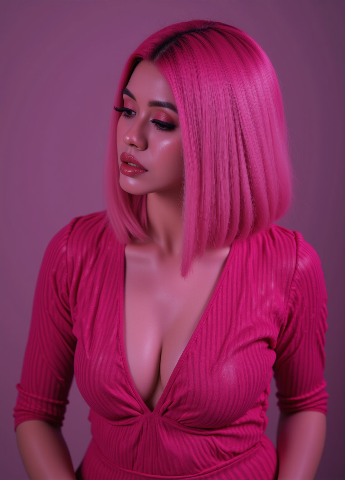 A striking abstract fashion shoot featuring a beautiful pink supermodel with a straight pink bob hairstyle in sexy obscure clothes, obscure locations, obscure poses, obscure make up