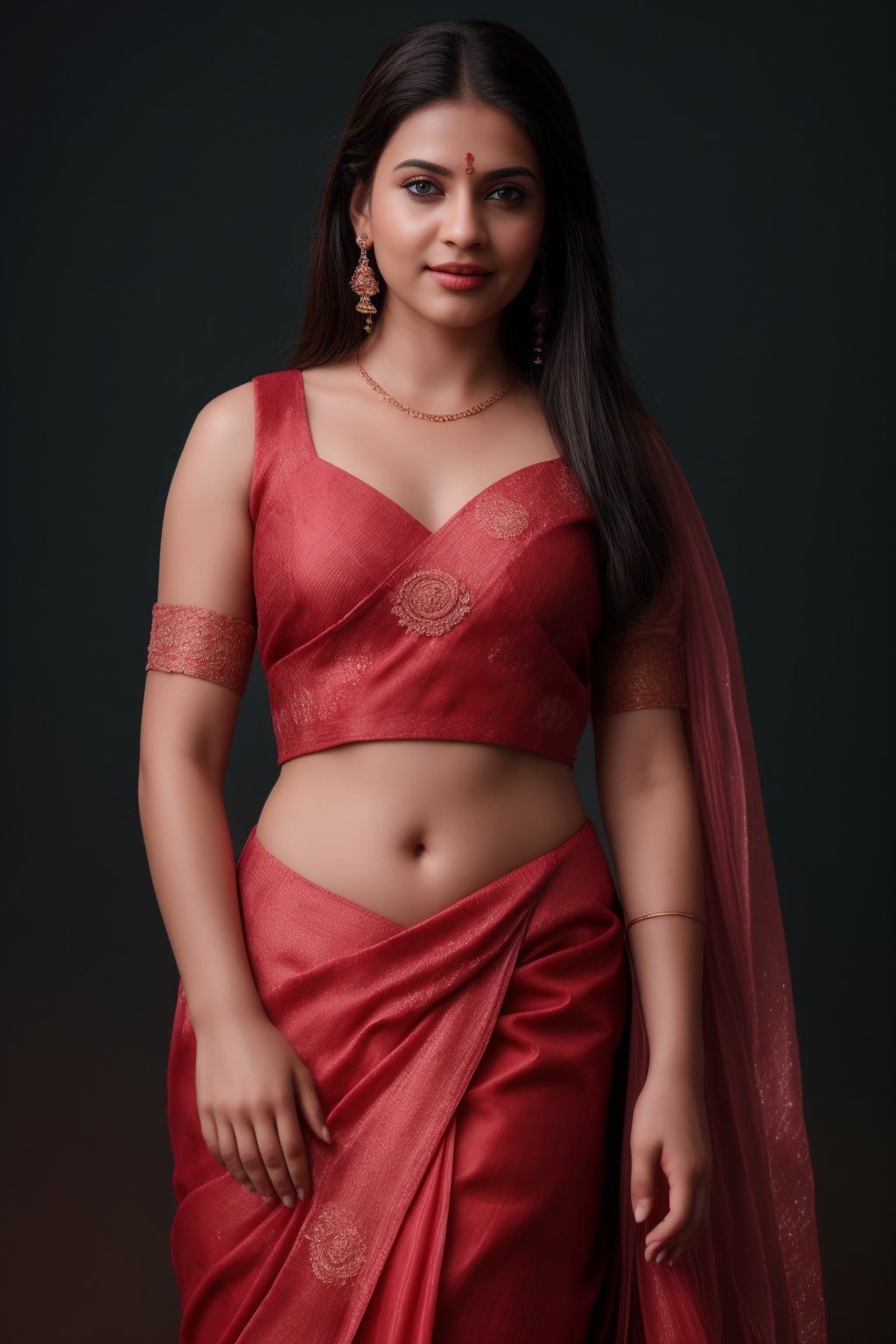 A beautiful Indian 26yo  girl wearing a traditional saree, draped in a style that reveals navel. Turtle neck blouse:2, The saree is richly colored and adorned with intricate patterns and embroidery, with a matching blouse (choli) that has short sleeves and a deep neckline. The pallu of the saree is gracefully  over her shoulder cover with blouse, , falling softly to one side, while her navel is tastefully visible where the saree is wrapped around her waist. She is adorned with traditional jewelry, including a maang tikka, jhumka earrings, a nose ring, bangles, and anklets. Her skin has a warm tone, and her long, dark hair is styled either in a loose braid or cascading waves. The setting is softly lit, focusing on her elegant pose and the cultural richness of her attire, with warm, natural lighting that enhances the details of the fabric and her jewelry.

cinematic angle, (cinematic shadows, bokeh, depth of field:1.3) , (High detail RAW Photo), (extremely detailed skin, photorealistic, heavy shadow, dramatic and cinematic lighting, key light, fill light), sharp focus, cinematic, imperfect skin, fabrics, textures, detailed face, detailed skin, detailed fingers, NaturalHand2-3500, analog film photo Deep photo,depth of field,ferrania p30 film,shadows, perfect face and body, dimly lit, nervous, harsh camera flash, faded film, desaturated, 35mm photo, grainy, Kodachrome, Lomography, stained, highly detailed, found footage,, (black hair, covered cleavage, 
A flapper girl stands poised in a smokey atmosphere, bathed in ethereal light that accentuates her stunning features. Her fair skin glows under cinematic lighting, as she gazes directly into the camera with perfect eyes and a beautiful nose. Her Drill Spring-inspired hairstyle is perfectly coiffed, framing her face, background intricate details and complex patterns that seem to leap off the screen in hyper-maximalist fashion.  with detailed decoration and lines that exude opulence. In stunning HDR and UHD, this unreal engine creation pops with gorgeous light and shadow., matrix,poakl, 5 fingers on each hands,better_hands