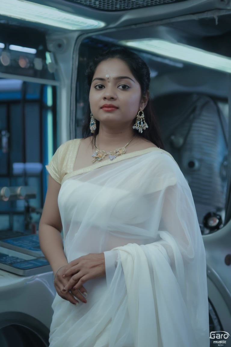 A stunning, realistic photography of a 25-year-old Malayali (Mallu) girl, white skin extreme white hair, radiating youthful beauty. She is dressed in traditional Indian attire, featuring a Kerala pattupavada—a beautiful, flowing Kerala gown—and a matching blouse. A delicately draped shawl (sholl) adds an elegant touch to her outfit, highlighting her cultural heritage.

The background contrasts with her traditional look, set inside a futuristic spacecraft with a Mars Effect game theme. The environment is filled with advanced technology, with holographic displays, sleek metallic surfaces, and soft neon lighting that creates an otherworldly ambiance. The lighting subtly illuminates her face, enhancing her natural beauty and creating a blend of old-world charm and futuristic aesthetics.

The overall composition focuses on her serene and graceful presence, emphasizing her traditional attire against the backdrop of a high-tech, space-age setting. This creates a captivating fusion of culture and science fiction, making the image both visually striking and unique.,Mallu ,Realistic photography ,Indian