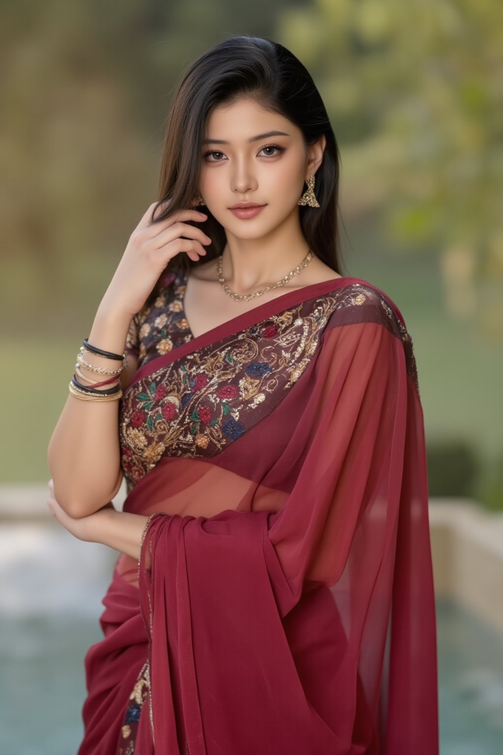 (Extra realistic) Sweet saree indian sexy women from mumbai,26 years old,clear body features,shiny skin,earrings,necklace,real eyes,shy,covering face with hands,mesmerizing,blowing hair,perfect weist,errected body,perfect anatomy,fit saree dress(Red Mehroon saree with embroidery, blouse with huge embroidery work),(photo till butts),(Create an image with a beautifully composed natural background, perfect composition,depth of perspective,studio photo,Futuristic cosplay 