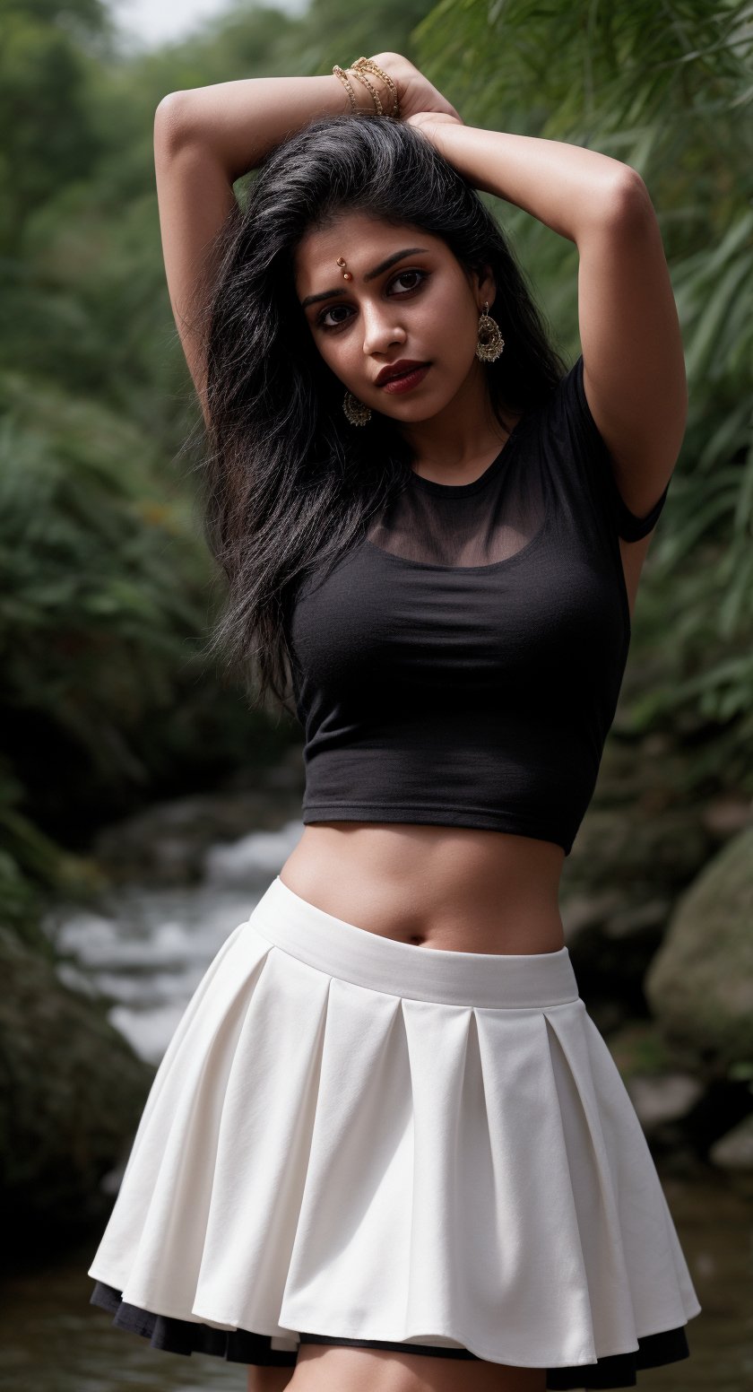 1girl, solo, long hair, skirt, shirt, black hair, jewelry, standing, full body, earrings, midriff, water, blurry, arms up, bracelet, tree, crop top, blurry background, white skirt, red shirt, long skirt, rock, photo background, Indian traditional dress 