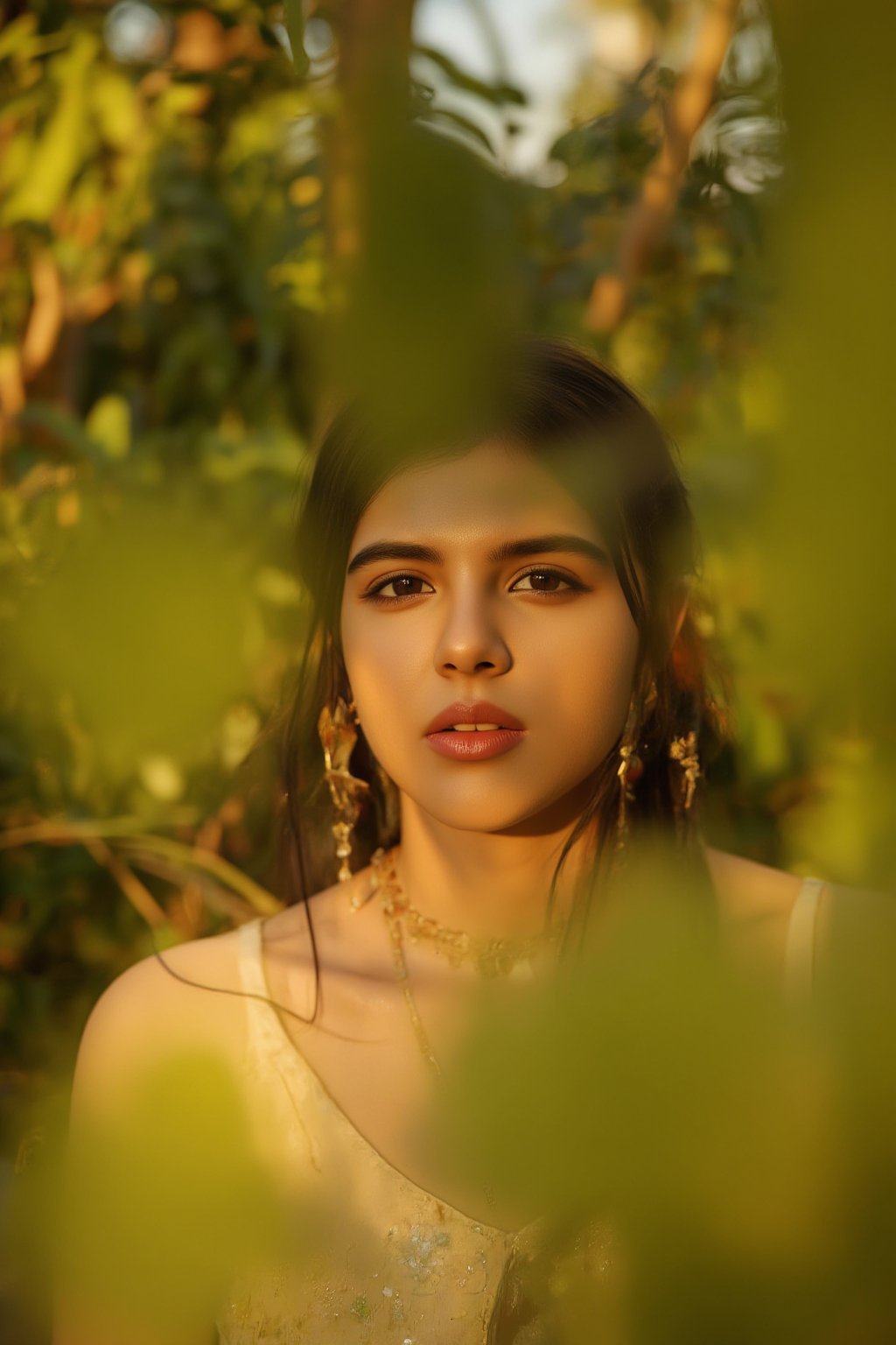 A stunning portrait of Kalyani Priyadarshan, framed by a warm golden light. She sits serenely in a lush greenery-filled setting, her long hair cascading down her back like a gentle waterfall. Her eyes sparkle with quiet confidence as she gazes softly into the distance.,Sahana15,Kalyani priyadarsh