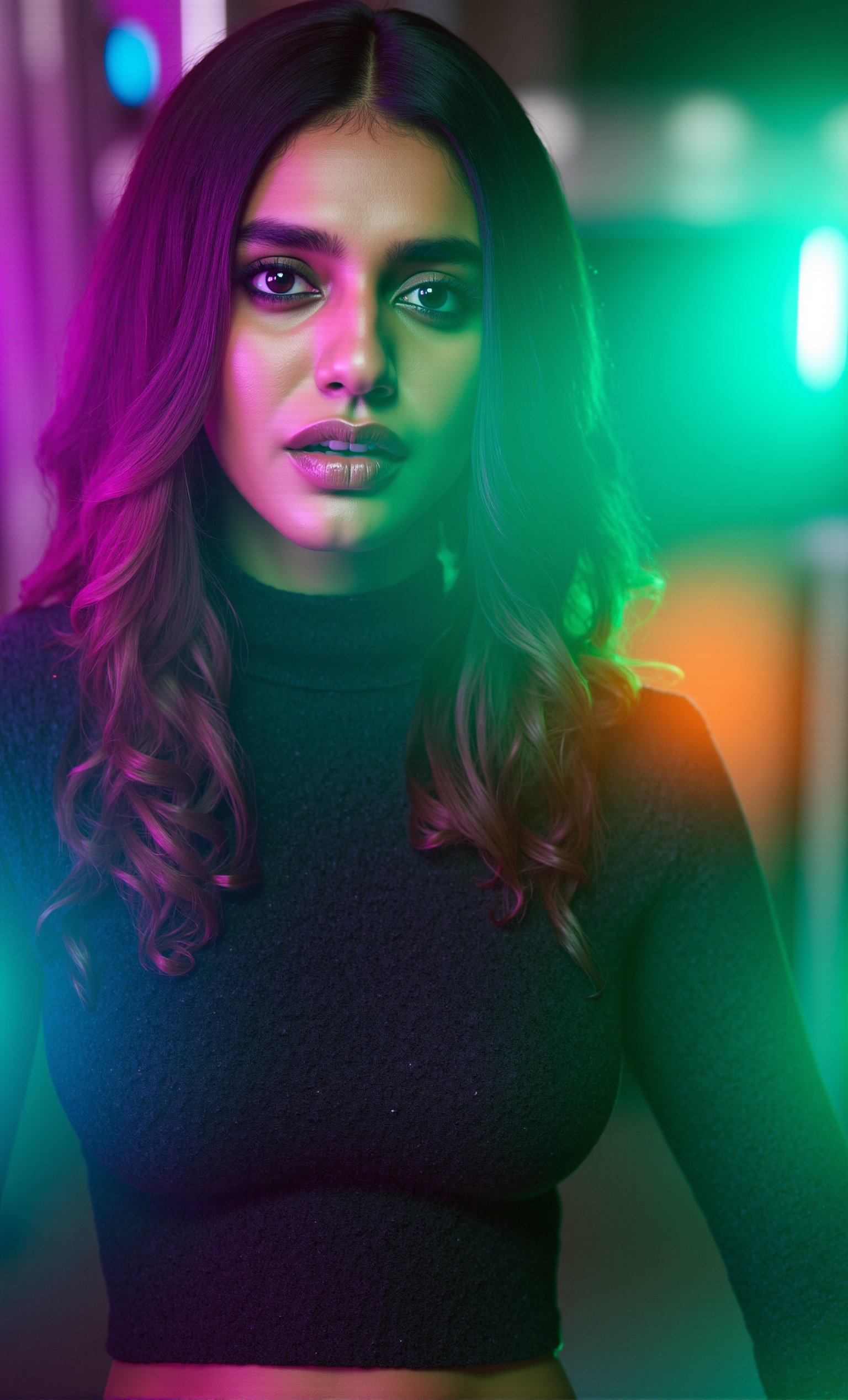 A cyberpunk women, realistic, details and enhanced image, beautiful,The atmosphere is fun and inviting, featuring colors like black, blue, dark blue, dark purple, gray, light green, purple, and orange. Neon lights in pink, blue, and green illuminate the space, creating a bokeh and Depth of Fieldeffect. The focus is on the girl from the torso to the head, captured in a cinematic style with a Sony A7R IV full-frame camera,AnushkaShettyFlux