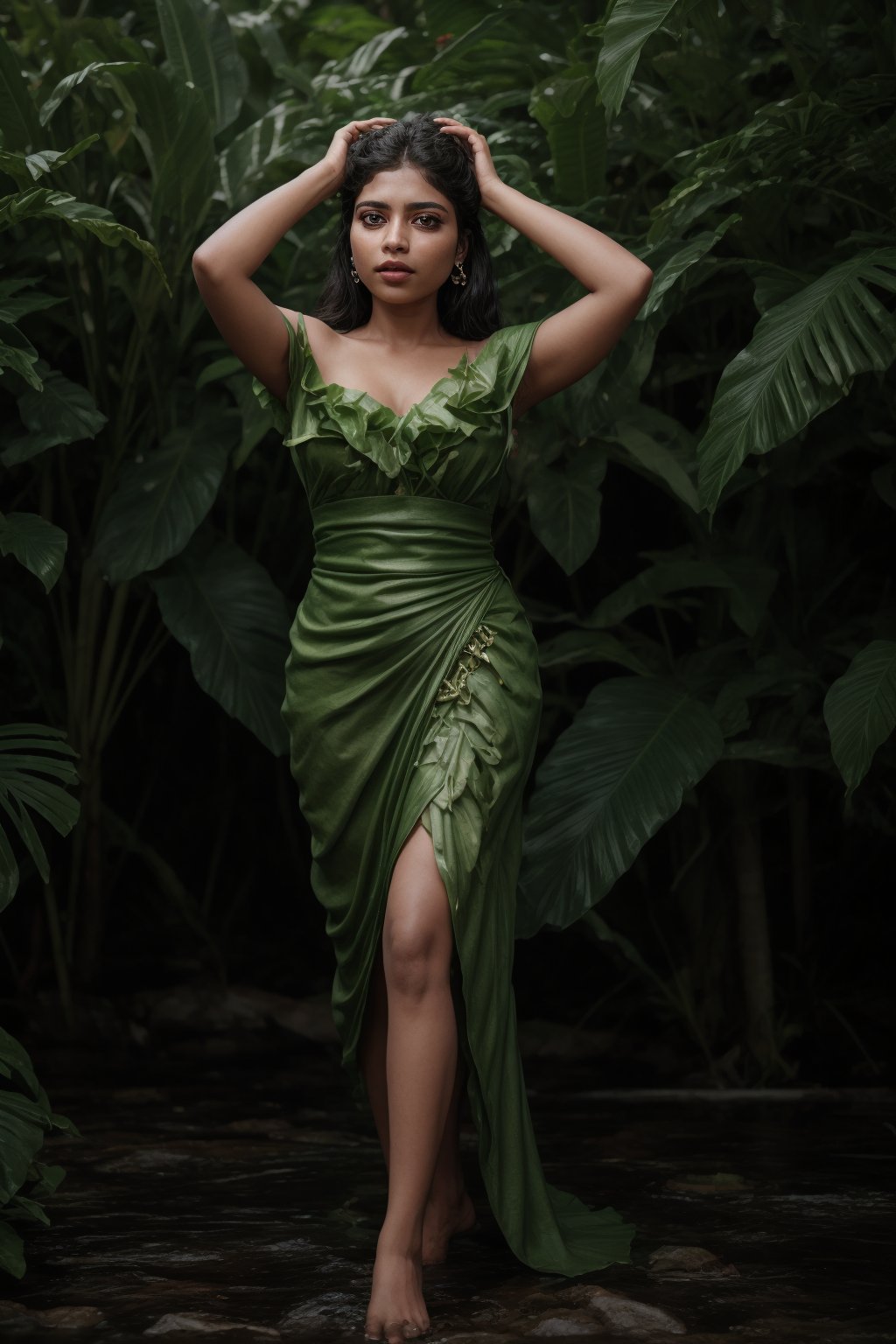 A serene young woman, adorned from head to toe in lush green plantain leaves, stands amidst a lush tropical forest. The verdant foliage wraps around her slender figure, creating a flowing gown that rustles softly in the gentle breeze. Her private areas are delicately covered by a carefully arranged leafy drape, leaving little to the imagination. Delicate vines and tendrils weave together to form an intricate headdress, with a sprig of plantain leaves tucked behind her ear. The natural beauty of the surroundings is mirrored on her radiant face, as she gazes out at the vibrant greenery, her features a perfect harmony of earthy tones.