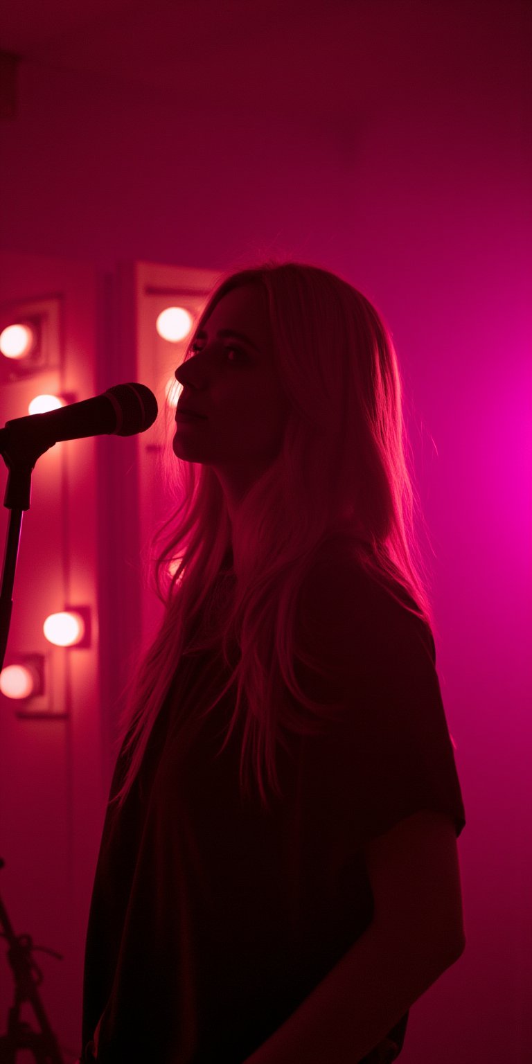 cinematic, A woman stands in front of a microphone under soft, warm lighting, with a reflective backdrop of pink lights behind her. Her expression is calm and introspective, creating a quiet and intimate atmosphere, as if she’s performing or about to speak, film grain, Short telephoto focal length, shot on ALEXA 65