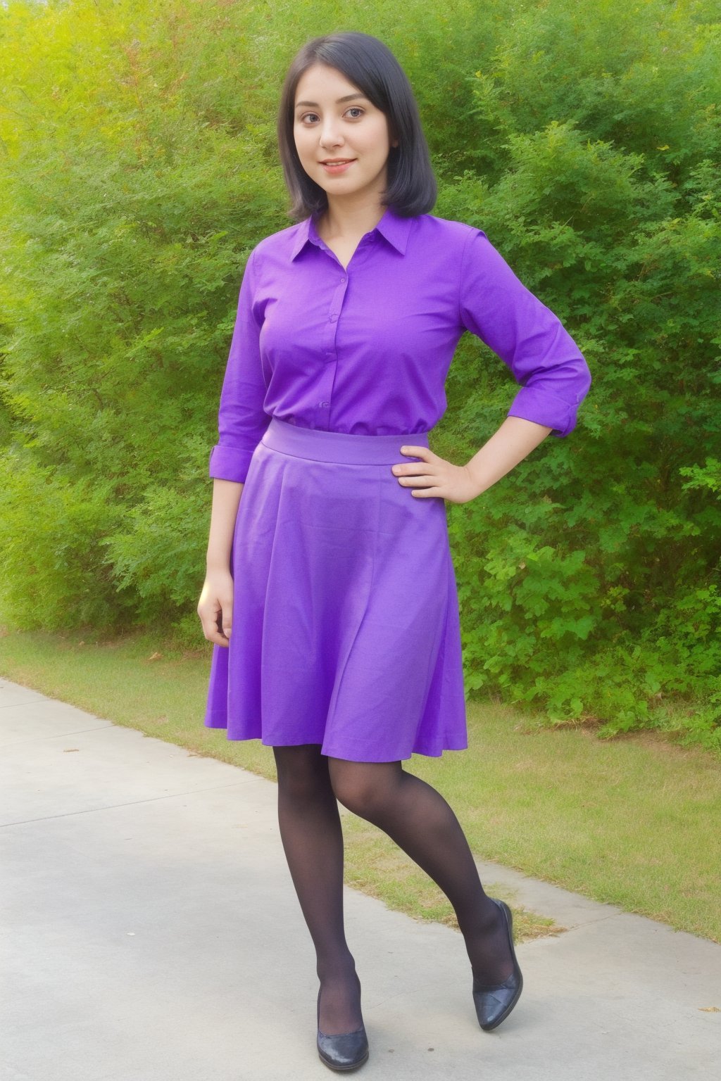 1girl, solo, looking at viewer, skirt, black hair, brown eyes, standing, full body, pantyhose, see-through, purple skirt, long skirt, realistic, purple shirt