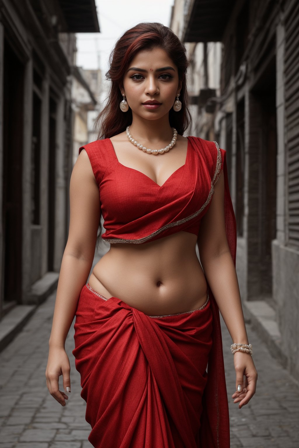 Russian girl, in city, out side, Red hair braided hair:2, She remove Her red saree from  navel and exposed Her big navel:2,  front view, braided hair tail, A sultry shot of a 38-year-old plump woman wearing a stunning traditional saree:2, showcasing her curvy figure. She poses solo-focused, looking directly at the viewer with alluring red hair. Her thick body is accentuated by a sleeveless dress and hotpants, while her big breasts are barely contained within the saree's folds. A pearl necklace adorns her neck, complemented by dangling earrings and a bracelet. Her lips pout slightly, inviting attention to her T-shaped navel. The background is blurry, with a ground vehicle visible in the distance. Her eyes, like perfect pearls, gaze directly at us, captivating our attention.,Saree ,Indian woman