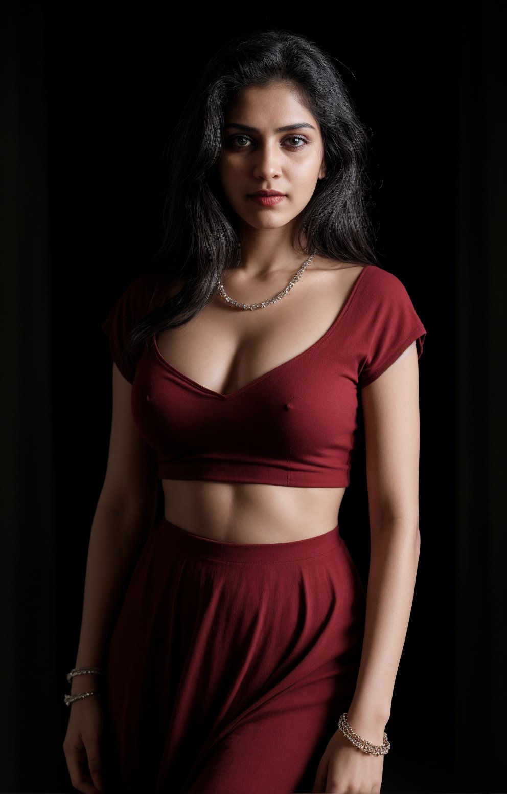 A mysterious figure emerges from the shadows. A 25-year-old woman with brown skin and long, black hair stands confidently, her piercing gaze meeting the viewer's as a gentle smile spreads across her face. She wears a stunning red dress that clings to her curves, its hemline grazing her midriff. A necklace glimmers around her neck, complemented by a bracelet that adorns her wrist. The dim light casts an eerie atmosphere, with the subject's features slightly blurred, as if shrouded in mystery.