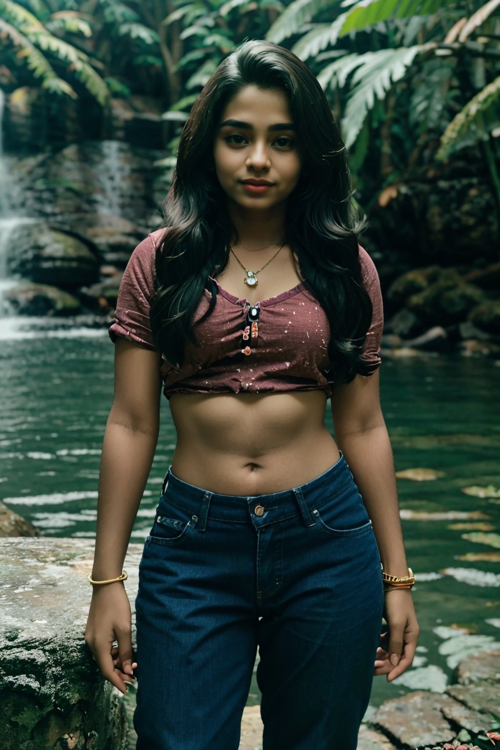 1girl, Kerala beautiful women 18 years old, solo, long hair, brown hair, shirt, t  shaped navel, outdoors, pants, sandals, denim, jeans,  photo background,Tamil girl