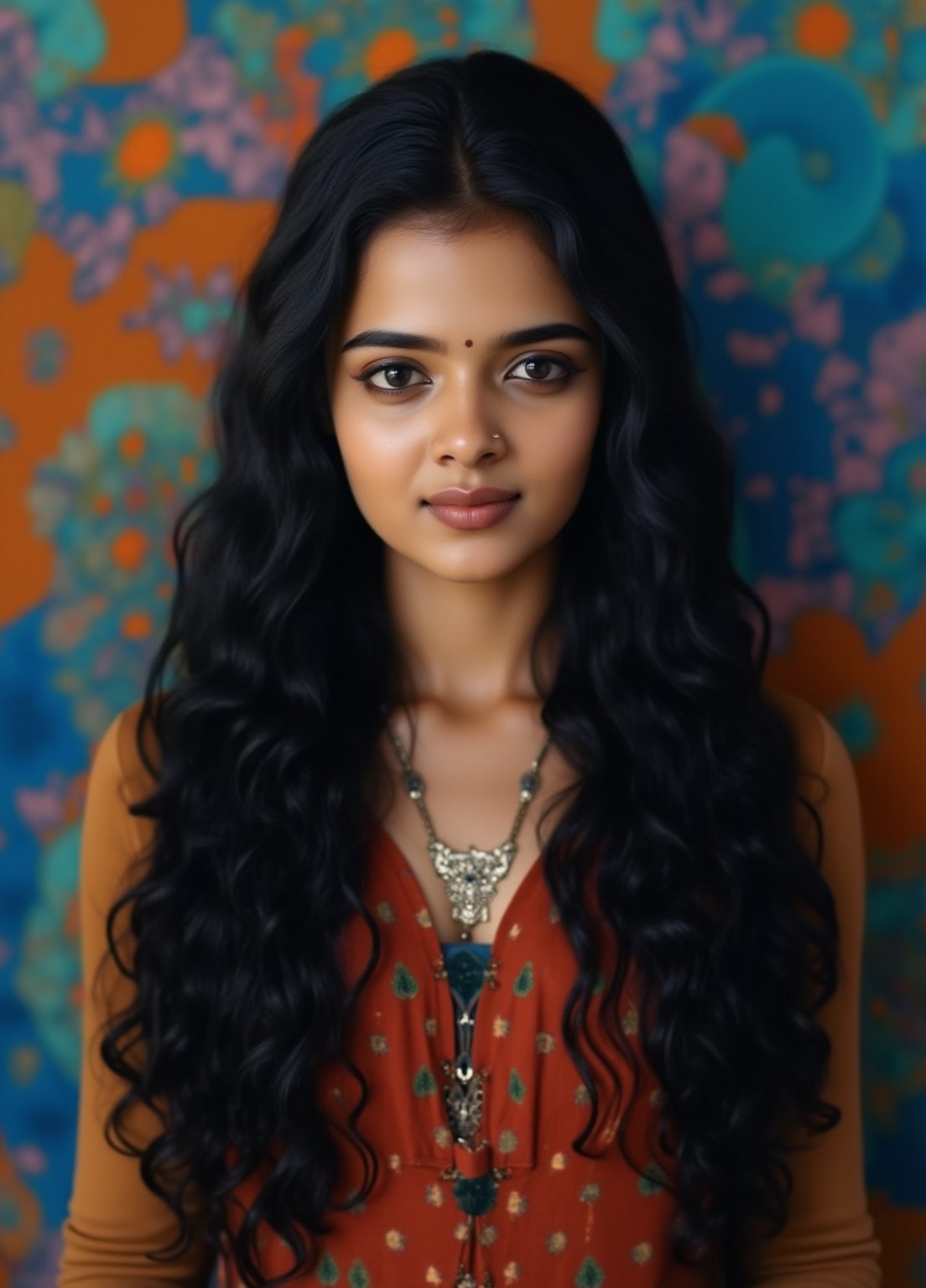 Capture a masterpiece of photography featuring a stunning girl with long, curly black hair (1.1) and intricate details in her school uniform, complete with a miniskirt and random colors. The scene is set in front of a striking fractal pattern (abstract) that creates a sense of depth and dimensionality. Professional HDR lighting (8k UHD RAW photo) casts a cinematic glow, accentuating the subject's features while also capturing the subtle play of iridescent lighting on her skin. Jewelry (1.4) adorns her neck, drawing attention to her radiant smile as she faces the viewer directly. The image is rendered in breathtaking detail, with every curl of hair and fold of fabric meticulously captured. Apply a realistic LUT for a true-to-life representation.,SH,Yakshi28 