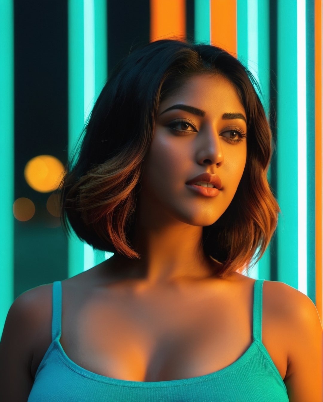 (Anu Emmanuel:1.1), symmetrical face, 
 breast_to_breast,  ((big boobs:2)) neon photography style, clavege,  ( full size:2) LED  colour light, teal and orange colour grading, female focus, one girl looking at viewer, , short hair,bob cut, solo, night time, outdoors, dark,depth_of_field,neon light, ,detailmaster2,make_3d