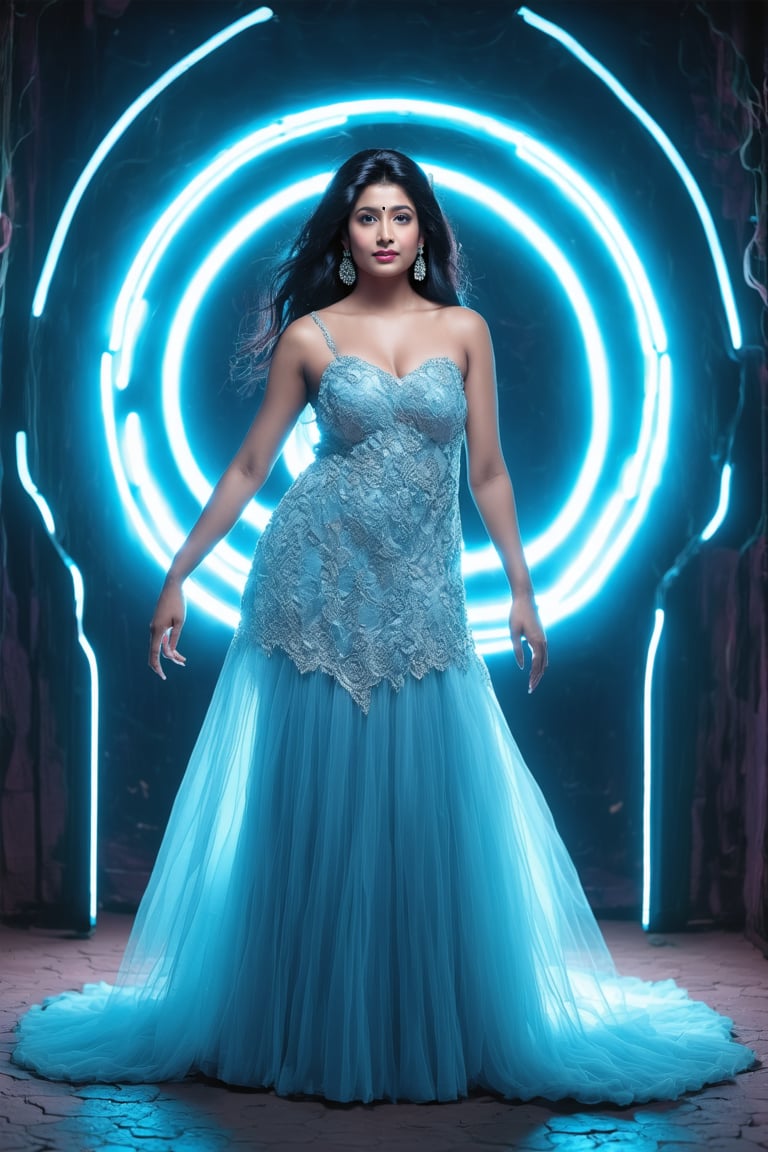 a Indian woman in futuristic dress is posing in front of a neon light, in the style of realistic hyper-detailed rendering, white and cyan, greeble, timeless grace, evgeni gordiets, blink-and-you-miss-it detail, otherworldly beings --ar 51:91 --style raw --s 750 --v 5.1