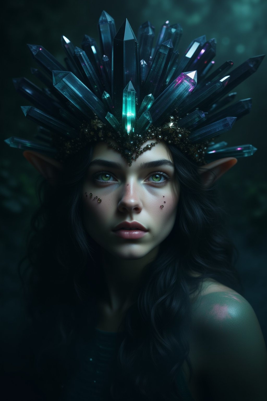 A dark and ethereal portrait of an elf in which her pale skin contrasts with the gloom that surrounds her. Her almond-shaped eyes, a deep and mysterious green, shine with an aura of ancient magic and hidden power. Her face is framed by strands of dark, almost black hair that fall in soft waves, highlighting its delicate but imposing beauty. He wears a crown of dark, sharp crystals that seem to grow directly from his skull, radiating a cold, spectral glow. The crystals glow with a dark light, reflecting flashes of deep blue, purple, and black, as if imbued with forbidden magic. Shadows cling to his figure, enhancing the atmosphere of mystery, while ancient marks and runes appear subtly on his skin, emitting a hidden energy. The background is composed of hazy shadows and diffuse shapes, as if the world is fading around them, focusing only on their imposing and disturbing presence. The atmosphere is haunting and mystical, with a sense of latent danger emanating from its powerful presence,crystalz