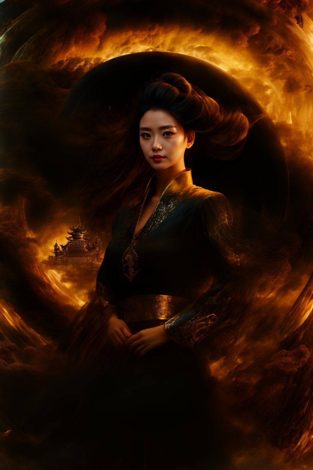 masterpiece, top quality, best quality, official art, beautiful and aesthetic:1.2), (1girl:1.3), chinese dragon, eastern dragon, golden line, (black theme:1.6), volumetric lighting, ultra-high quality, photorealistic, city background,3va,Circle,Mallugirl