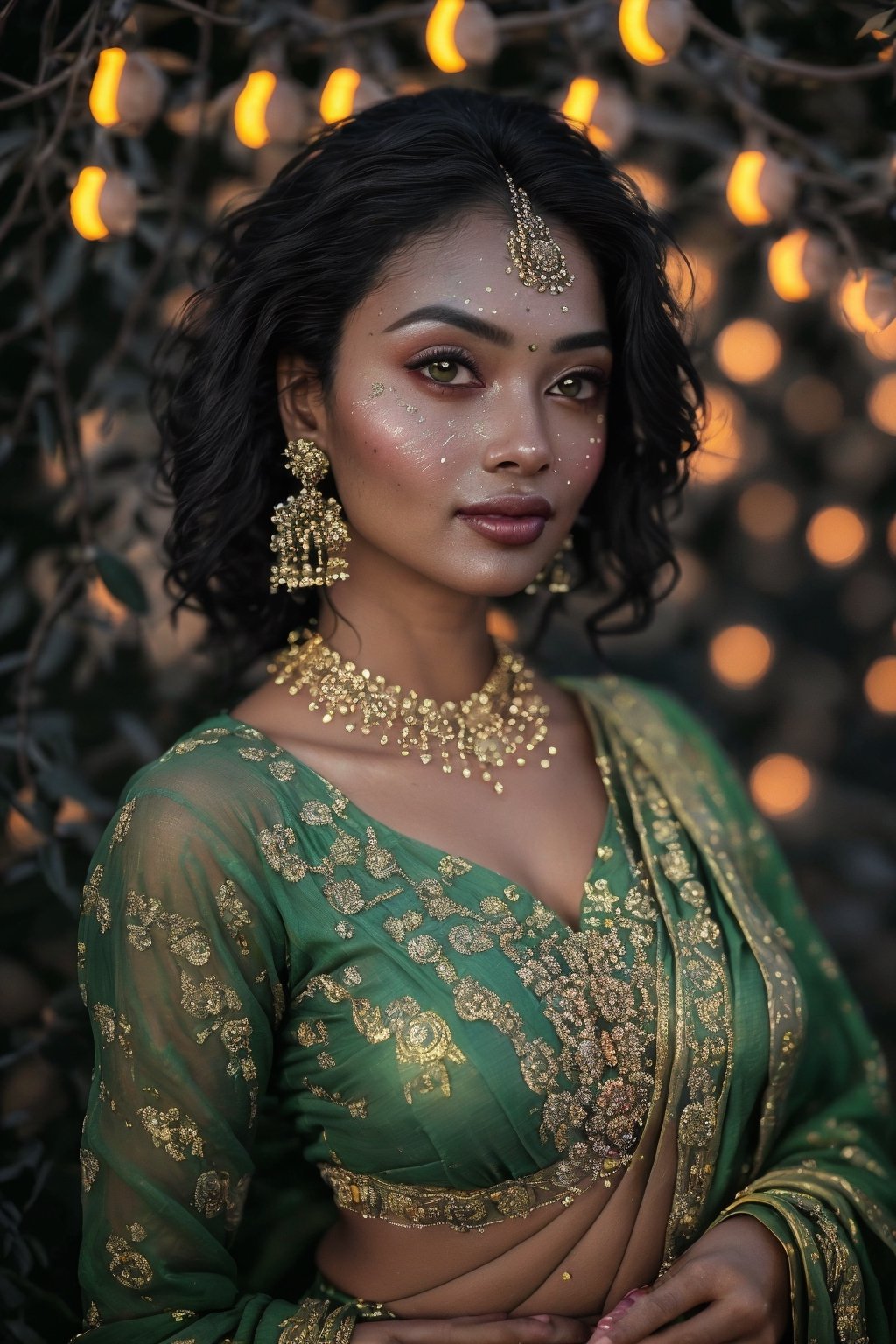 Portrait of a mystical fantasy bioluminescent neon woman. Glamorous fashionable lady. Glowing, Glowing color,Glowing skin dots, Classic light fringe,This breathtaking photograph, shot on a Canon 1DX with a 50 mm f/2.8 lens, beautifully showcases the raw and authentic beauty of life. high resolution 8k image quality,photorealistic,Saree 