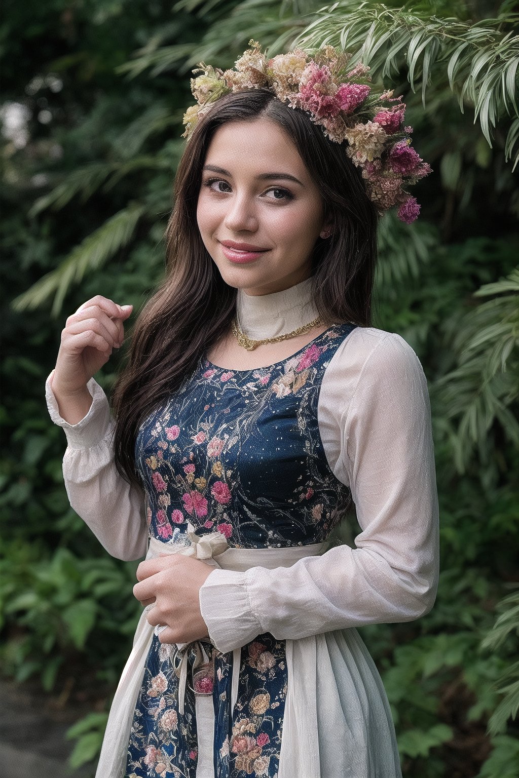 A stunning young woman in a traditional argentina national costume adorned with intricate embroidery and ornaments, beaming with a warm smile as she poses amidst the vibrant blooms of a botanical garden on a radiant sunny day. Her big eyes sparkle like diamonds against the soft, golden light, while the lush greenery and colorful flowers create a lush backdrop for her elegant beauty.,Big eyes ,Plump chubby