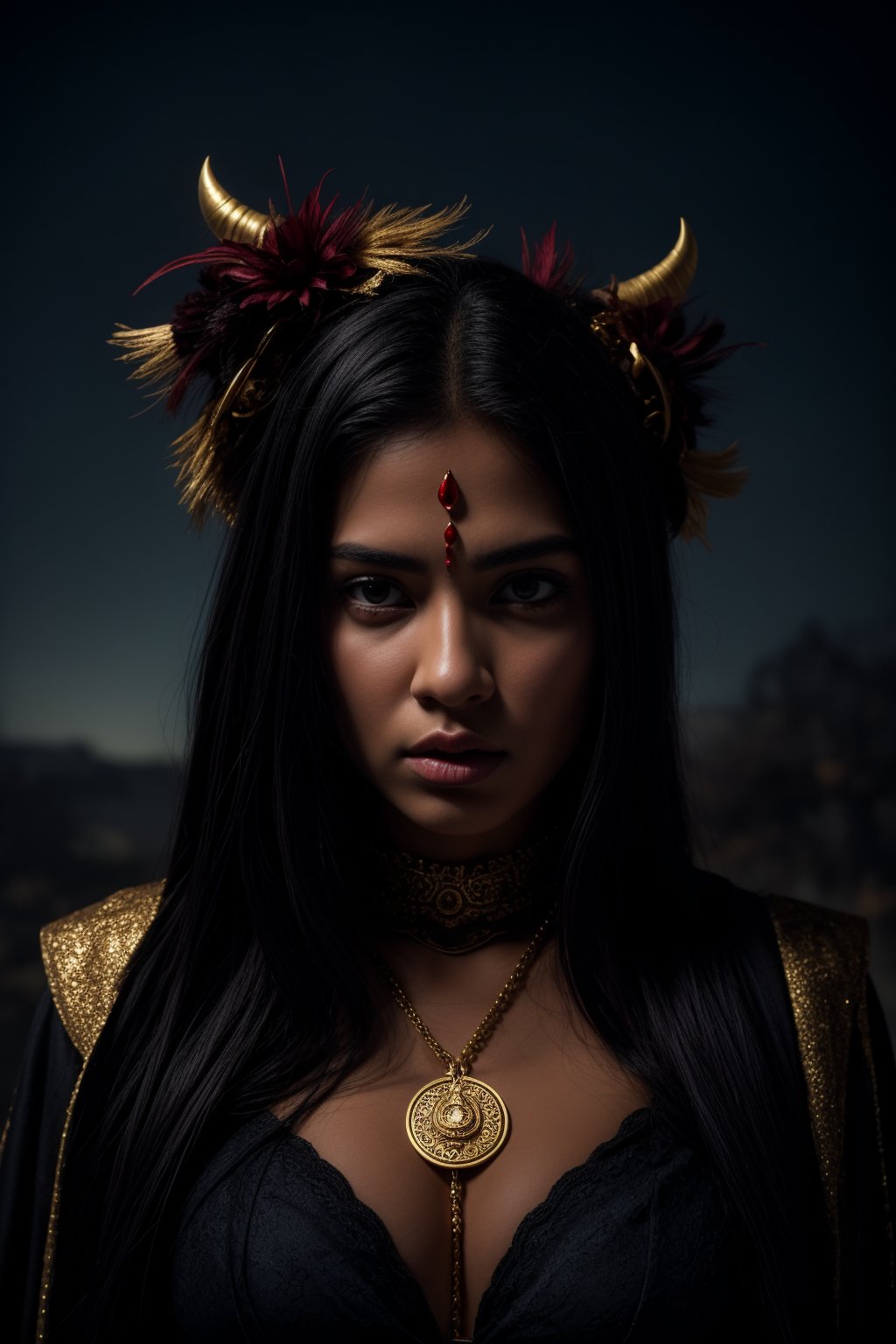 
A powerful and terrifying portrayal of the Hindu goddess Kali Maa, depicted with either black or dark blue skin that radiates an ominous, supernatural energy. She has a third eye on her forehead, symbolizing her omniscient power and fierce nature. Her presence dominates the dark night, with a cinematic atmosphere that features detailed color grading to enhance the horror theme.

Captured from a high-angle perspective, a woman dressed in a red and white costume is stunning. She is adorned with a black and white checkered pattern on her chest, a black belt around her waist, and a gold medallion hanging from her neck. Her hair is styled in a ponytail, and she is wearing a pair of fluffy white ears on her head. Her eyes are a piercing red, and her hair is a dark brown. Her costume is reminiscent of an anime character, with a white and red costume. She stands in front of a backdrop of televisions that are lit up, creating a vibrant and colorful backdrop.

Kali Maa is adorned with gold ornaments that contrast against her dark skin, glinting ominously in the low light. Her hair is wild and dirty, flowing chaotically around her as if animated by her wrathful energy. She has ten hands, each holding a different mythological weapon, and a garland of skulls hangs around her neck, symbolizing her dominion over death and destruction.

The background is shrouded in darkness, with hints of eerie, otherworldly light that cast shadows on her fearsome form. The scene is set with a sense of impending doom, capturing the essence of Kali Maa as both a protector and a destroyer. Her expression is fierce and unyielding, embodying the terrifying beauty and power of this revered goddess.
