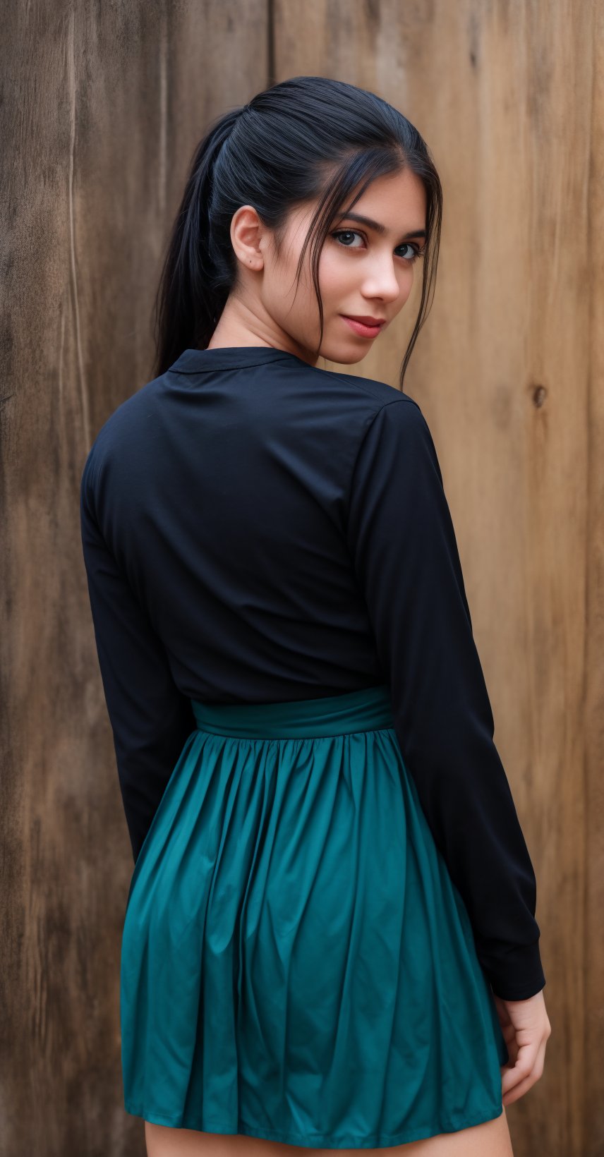 Captured from a high-angle perspective, a young woman stands with her back to the viewer. She is wearing a black long-sleeved shirt, a black skirt, and a ring on her finger. Her hair is pulled back in a ponytail, and she is wearing earrings in her ears. The backdrop is a rustic wooden wall, and the sky is a pale blue. The woman's expression is neutral, with a slight smile on her face.