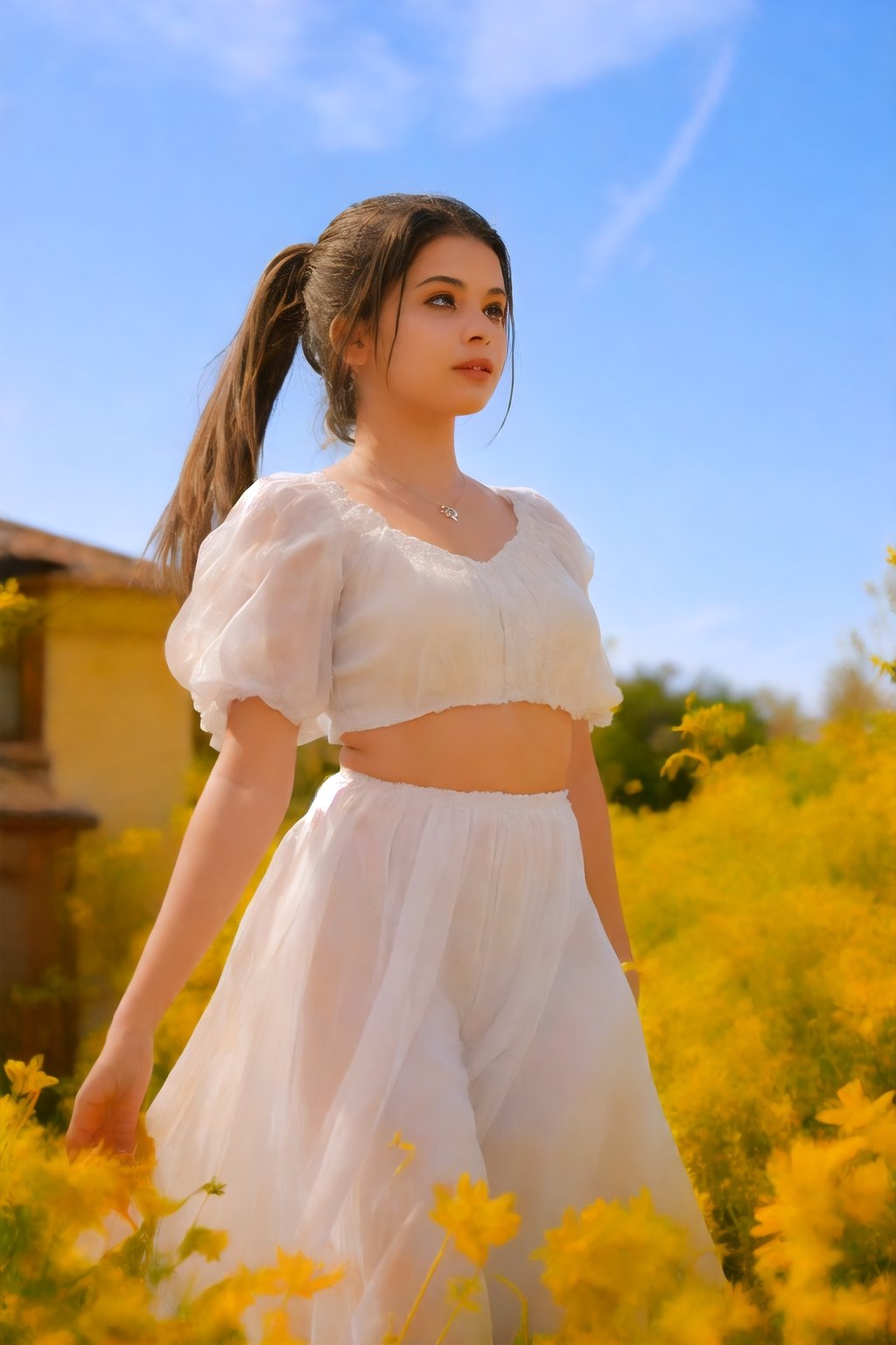 super fine illustration,masterpiece, best quality,{beautiful detailed eyes},1girl, (27 year old), finely detail,Depth of field, 4k wallpaper,bluesky,cumulus,wind,insanely detailed frills,extremely detailed lace,BLUE SKY,very long hair,Slightly open mouth,high ponytail,silver hair,small Breasts,cumulonimbus capillatus,slender waist,There are many scattered luminous petals,Hidden in the light yellow flowers,Depth of field,She bowed her head in frustration,Many flying drops of water,Upper body exposed,Many scattered leaves,branch ,angle ,contour deepening,cinematic angle ,{{{Classic decorative border}}},27 year old girl,Mallu 