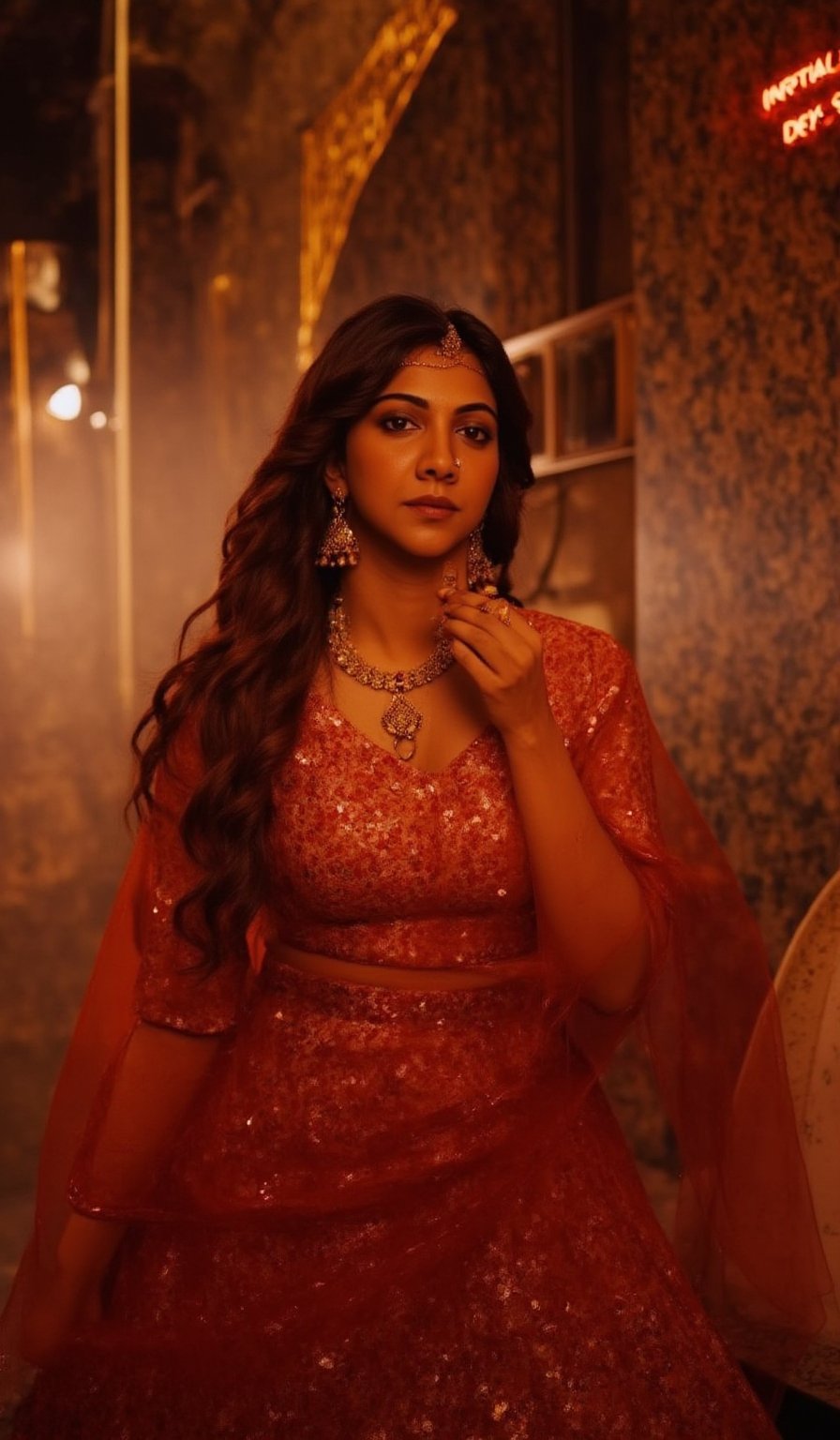 A stunning Madona Sebastian, dressed in a rich red lehenga with intricate embroidery, paired with heavy gold jewelry and a statement bindi on her forehead. Her long hair falls elegantly down her back as she strikes a confident pose, one hand resting on her hip and the other holding a delicate gold earring. The soft lighting highlights her natural complexion, while her eyes are enhanced by smoky eyeliner and volumizing mascara. She stands against a luxurious Bollywood-style backdrop, with subtle neon accents to emphasize her glamorous attire.