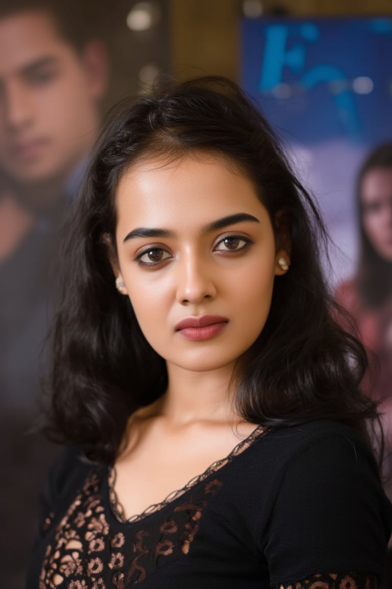  A young woman stands confidently against a movie poster backdrop, her gaze directed straight at the camera, exuding an air of confidence and allure, She wears a black top with a lace pattern, her features softly highlighted by even lighting, Off-center placement draws the viewer's eye towards her, while a subtle hint of a man in the background adds depth to the scene, The movie poster suggests a possible movie theater setting, 